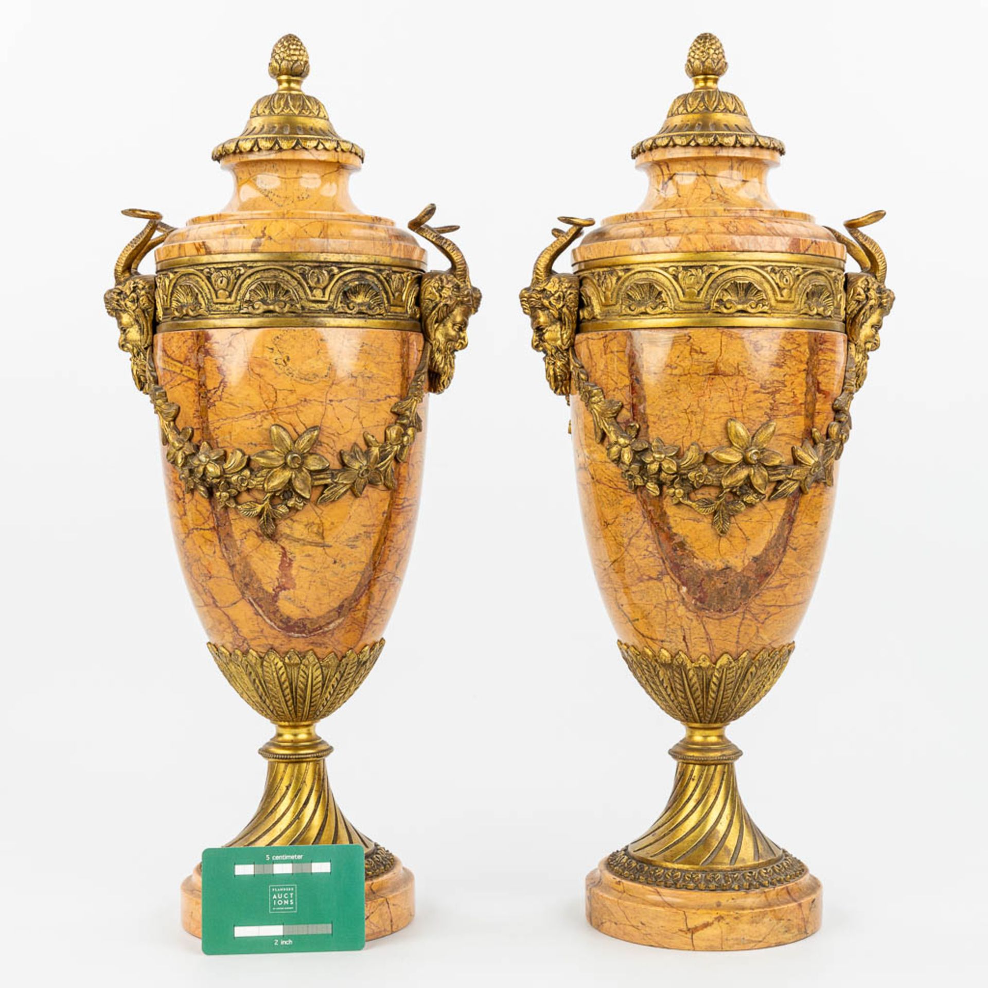 A pair of marble cassolettes mounted with gilt bronze. (H:48,5cm) - Image 2 of 10