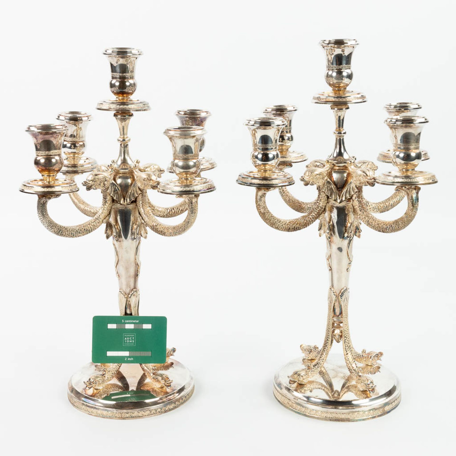 A pair of silver candelabra, decorated with mythological figurines. (H:41cm) - Image 10 of 13