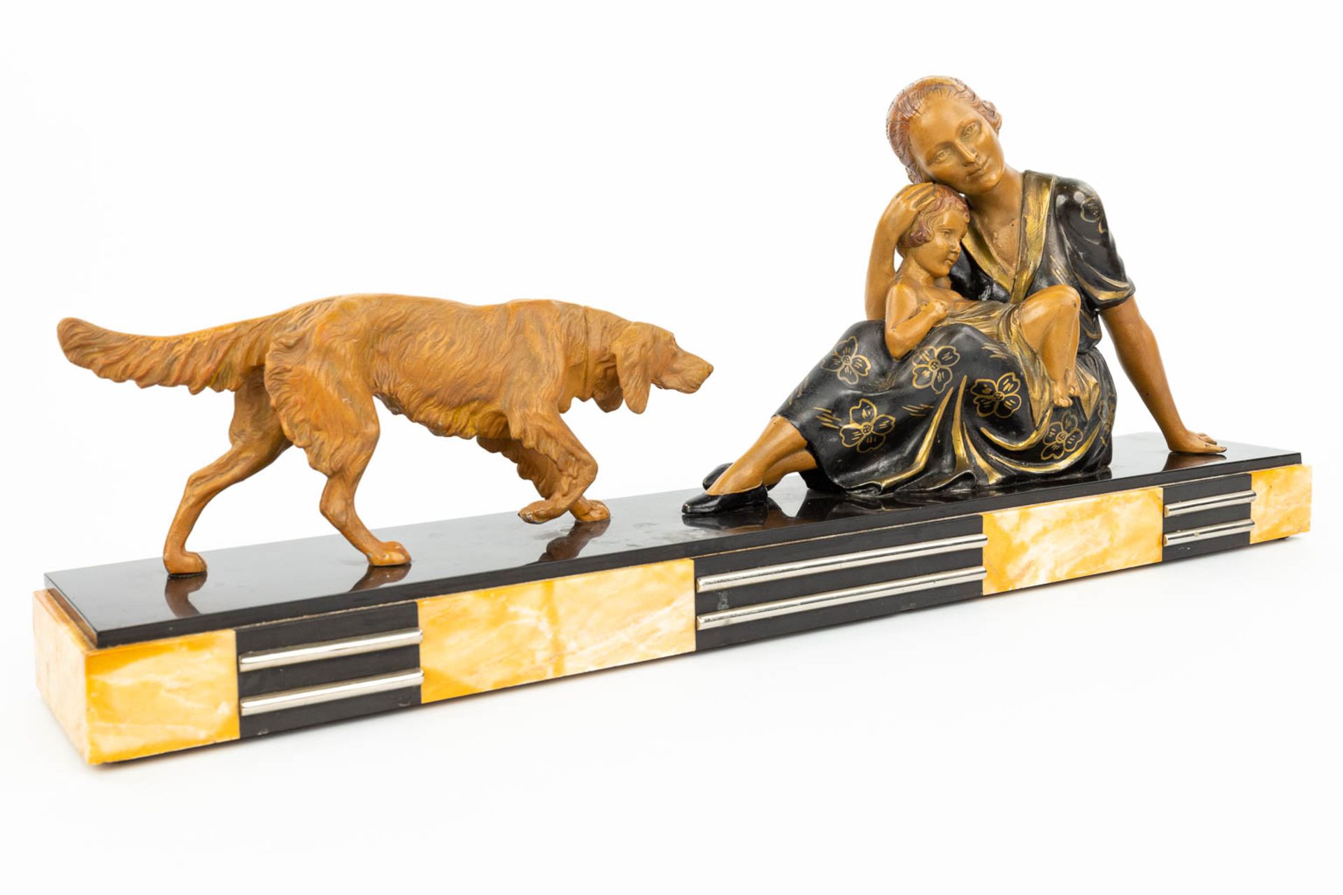 An art deco style statue of a woman with child and her dog, made of spelter and mounted on a marble - Image 3 of 12