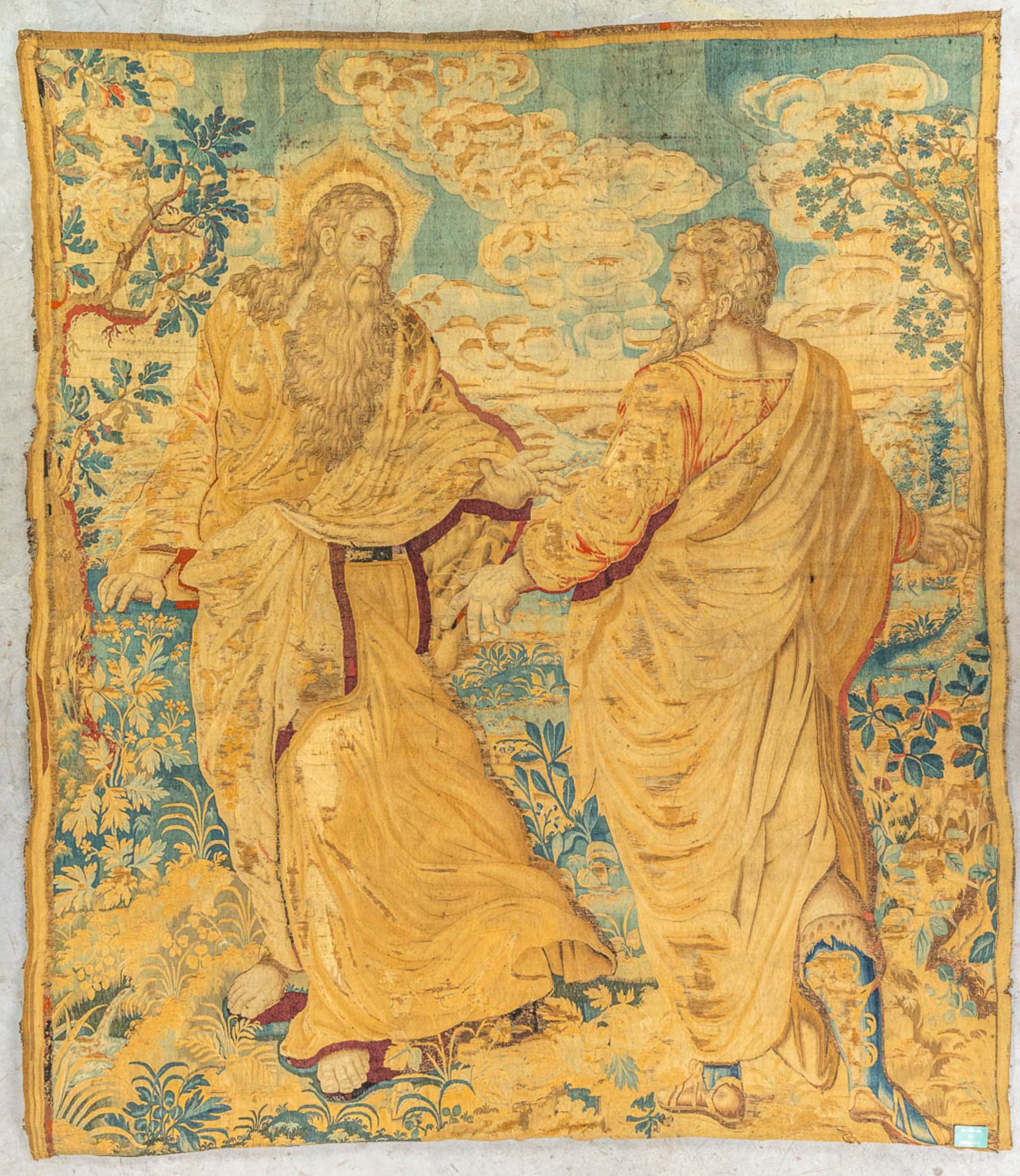 A biblical fragment of a tapestry, with 2 figurines. Made in Flanders. (H:295cm) - Image 3 of 10