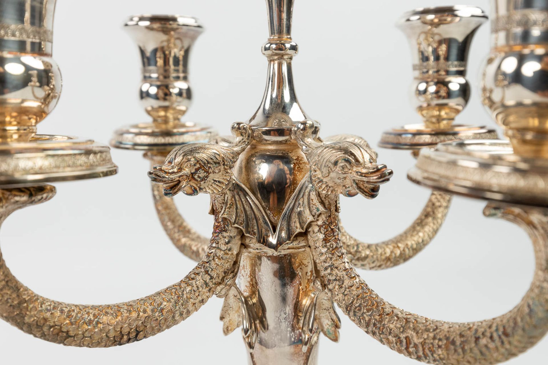 A pair of silver candelabra, decorated with mythological figurines. (H:41cm) - Image 12 of 13