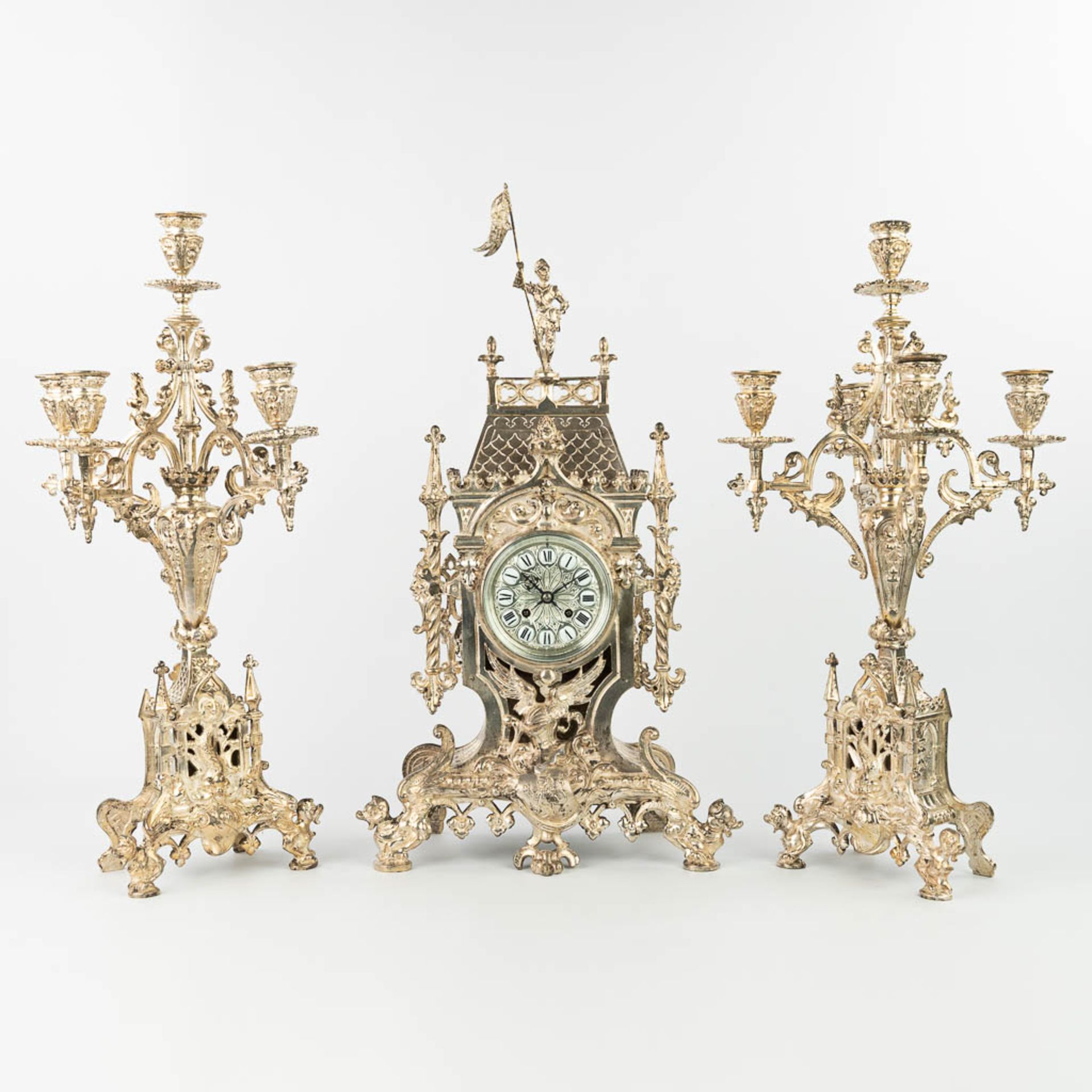 A three-piece garniture clock with candelabra, made of silver-plated bronze in gothic revival style. - Image 4 of 18