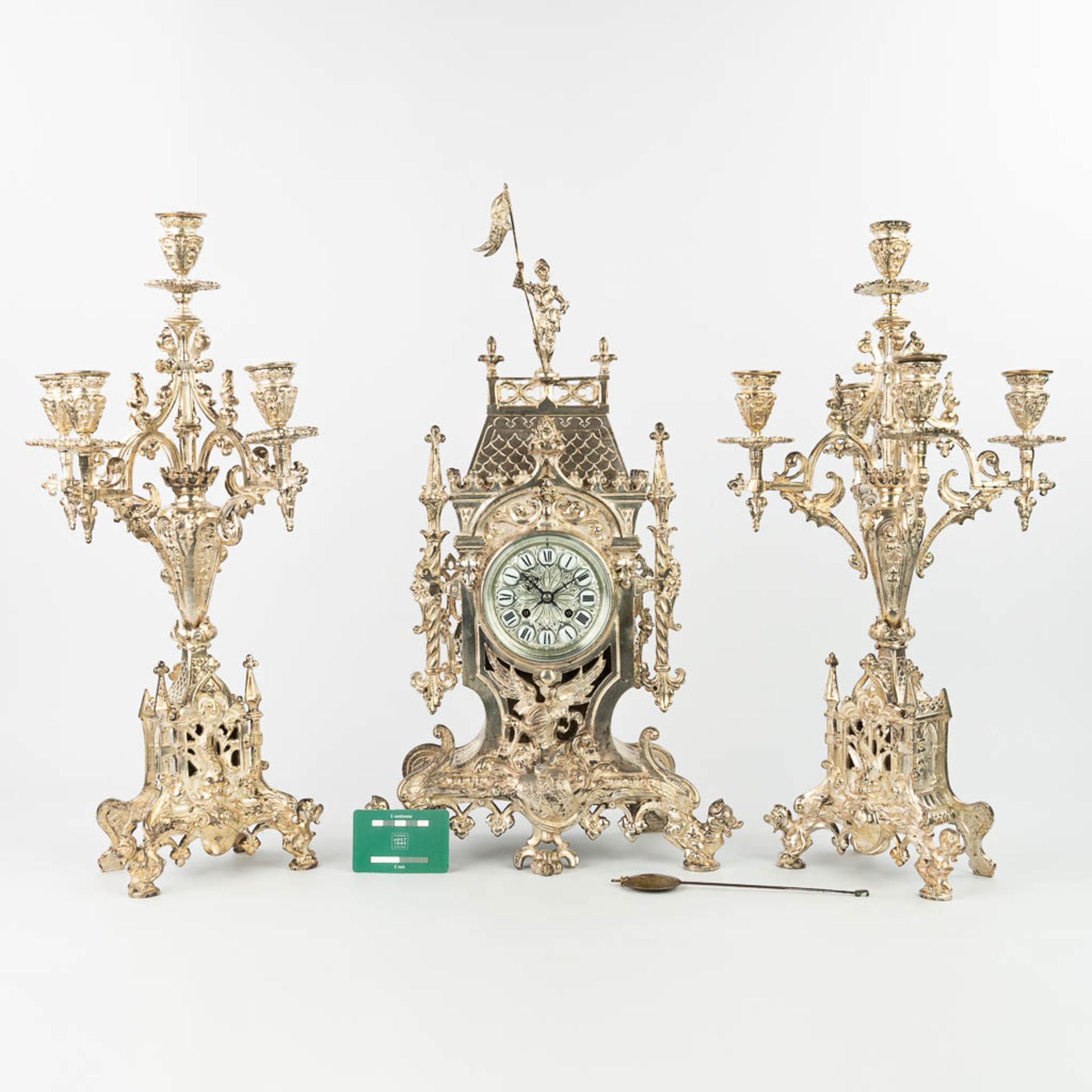 A three-piece garniture clock with candelabra, made of silver-plated bronze in gothic revival style. - Image 2 of 18