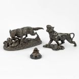 A collection of 3 figurines of animals, made of bronze and spelter. A lion, wolf and bear. (H:11cm)