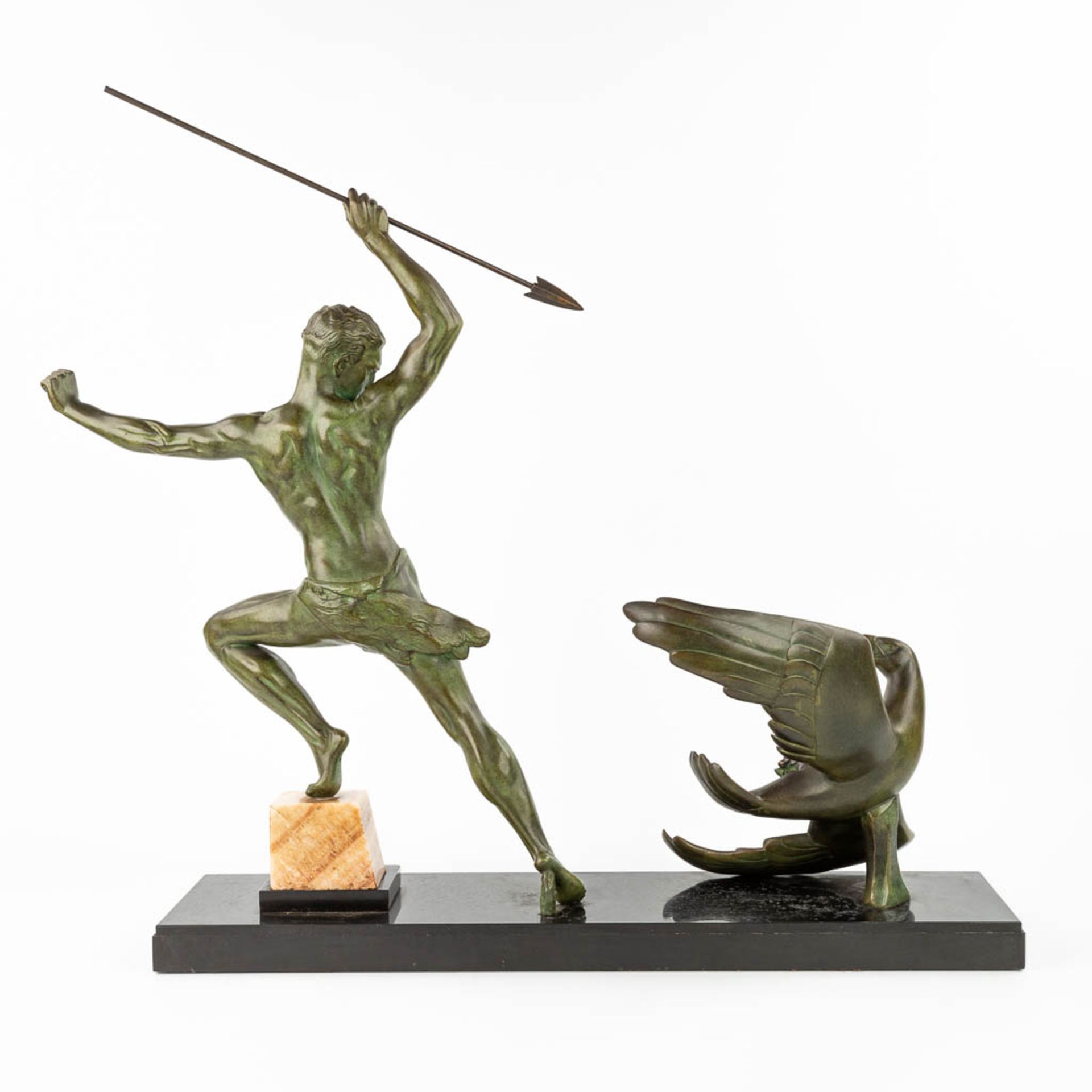 Jean DE RONCOURT (XIX-XX) 'Hunter with eagle', an art deco statue made of spelter. (H:66cm) - Image 7 of 10