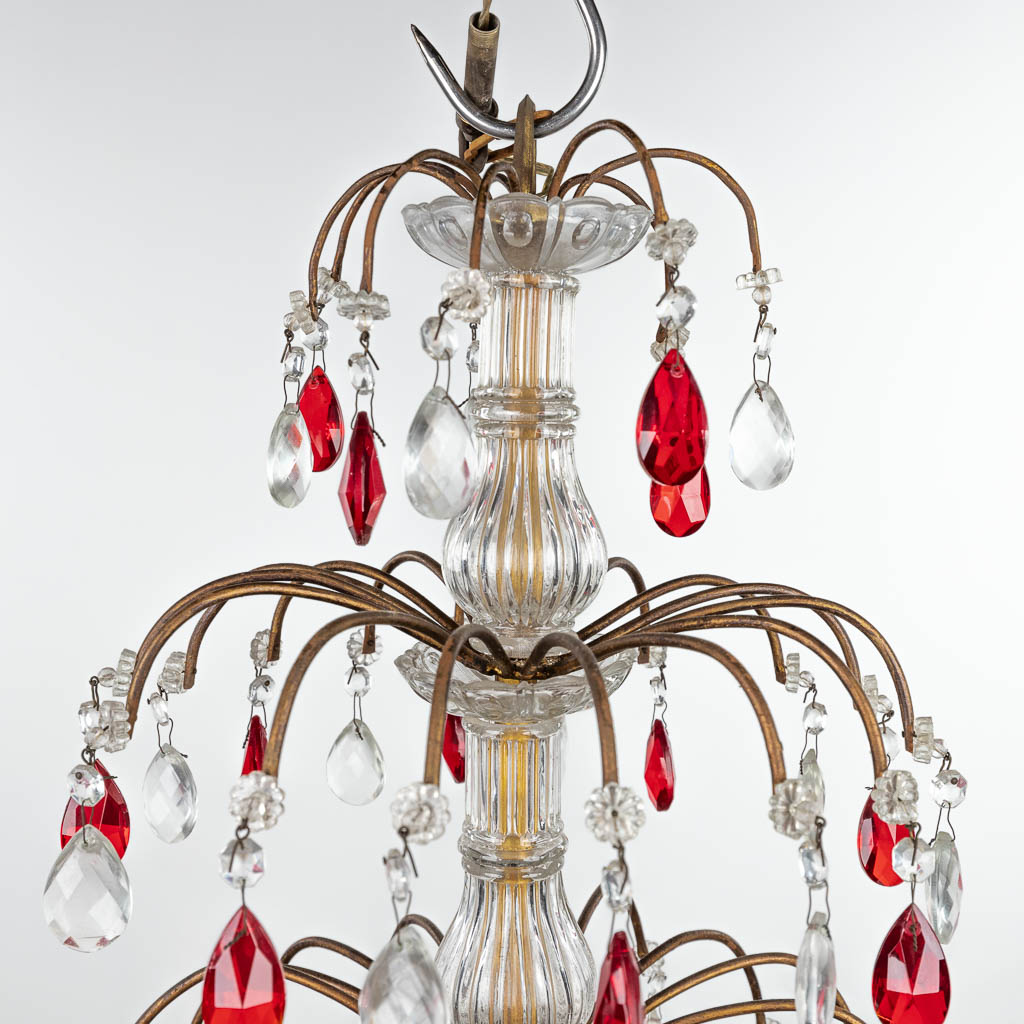 A decorative chandelier made of brass and decorated with white and red glass. (H:95cm) - Image 8 of 11