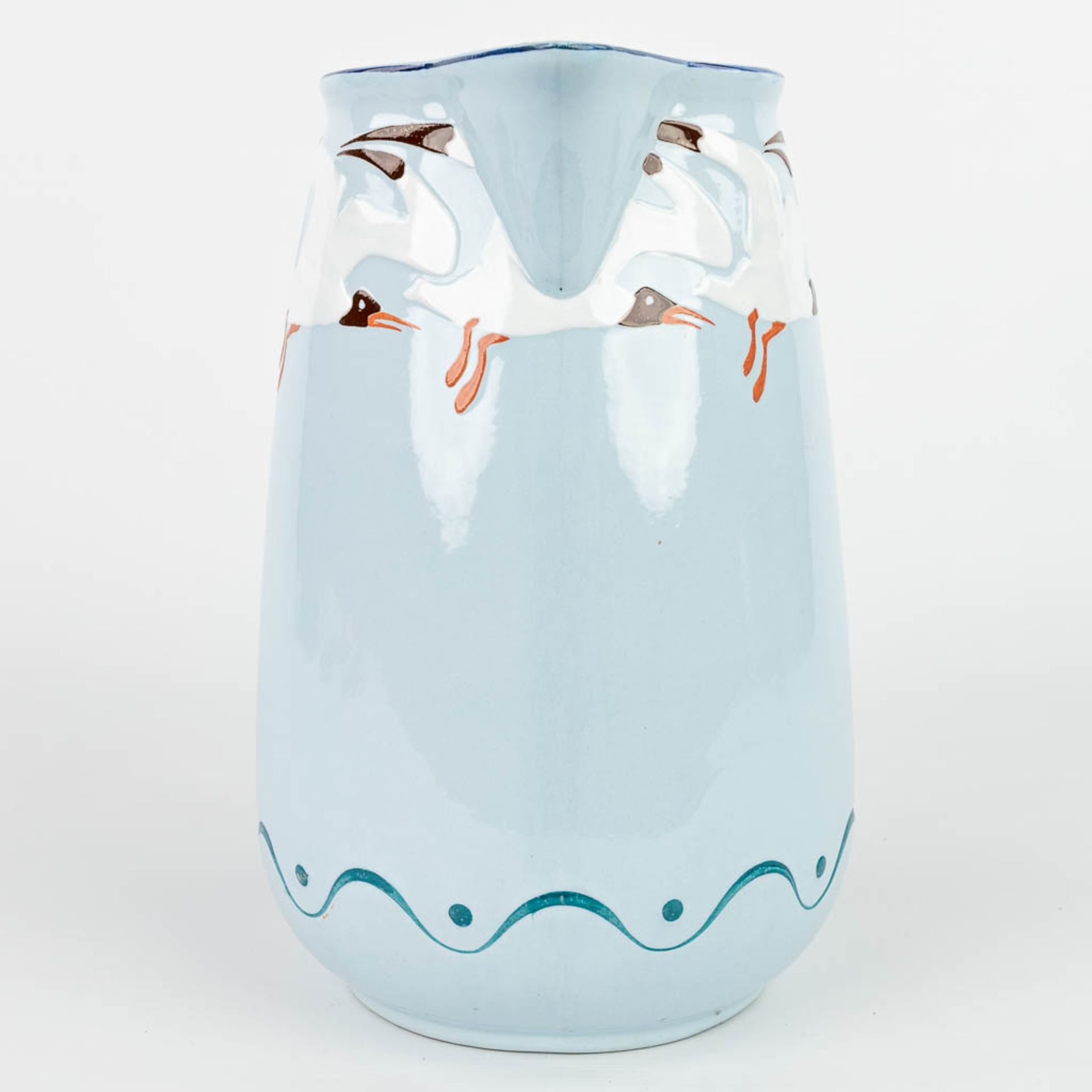 A jug and bowl made in art nouveau style with blue glaze and decorated with seagulls. Marked Sarregu - Image 3 of 20