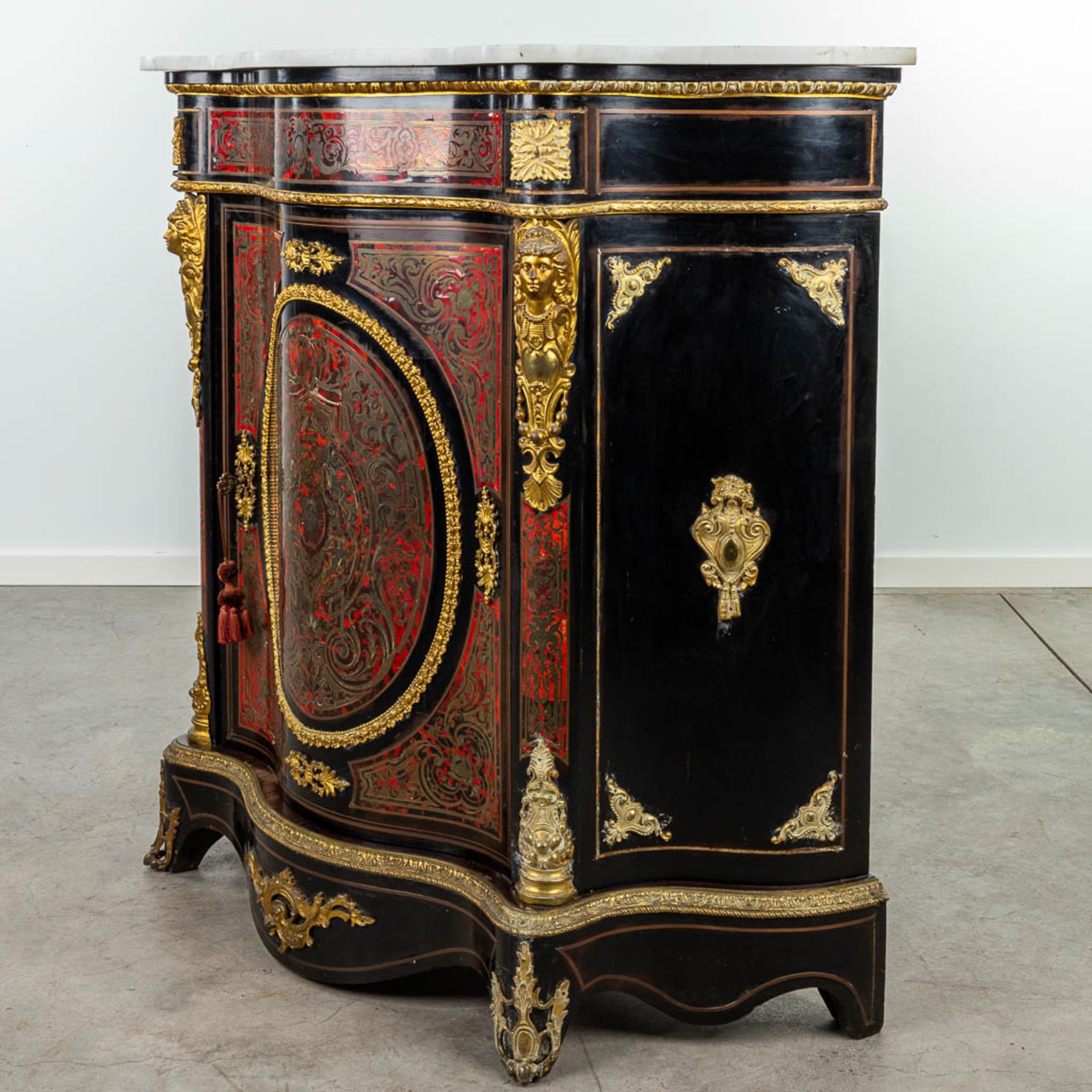 A cabinet with marble top made in Napoleon 3 style, mounted with bronze and finished with boulle tor - Image 12 of 18