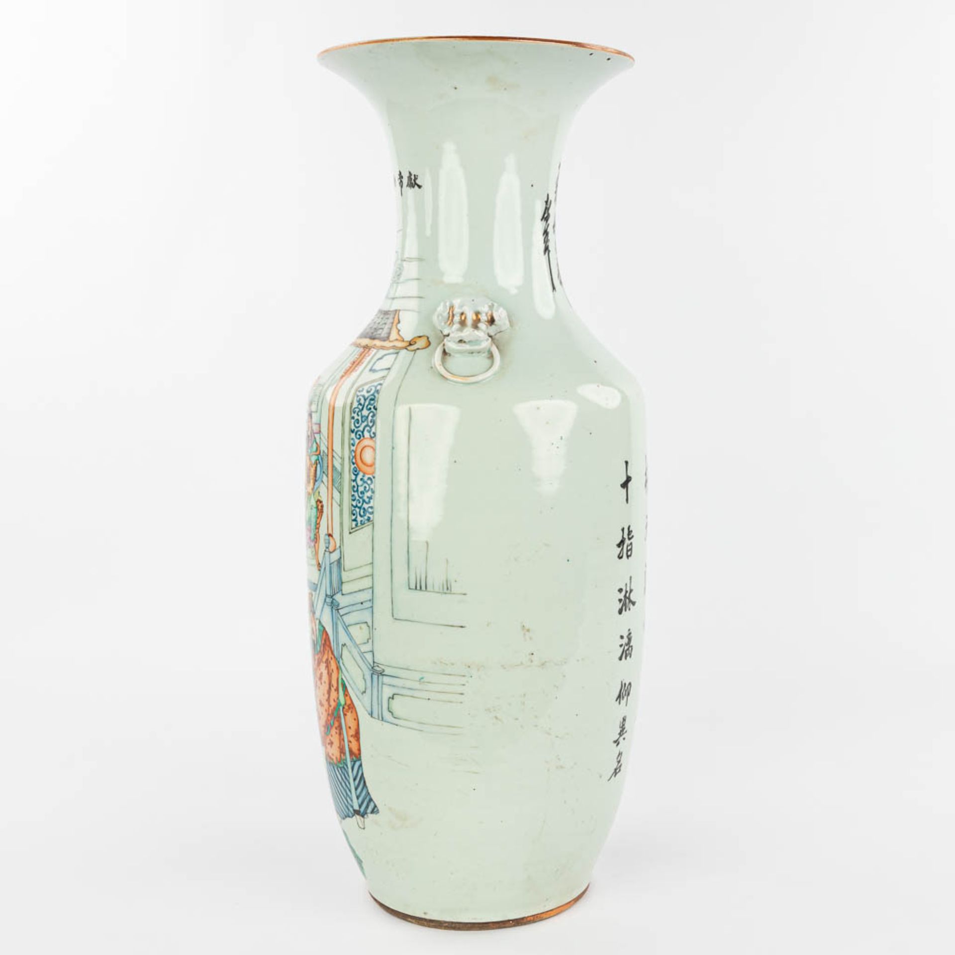 A Chinese vase made of porcelain and decorated with a temple scne and calligraphic texts. (H:57cm) - Image 5 of 12