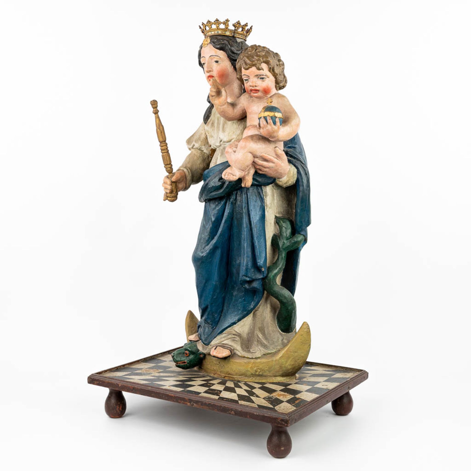 A patinated wood statue of Madonna with a child, standing on the serpent and half-moon. - Image 3 of 18
