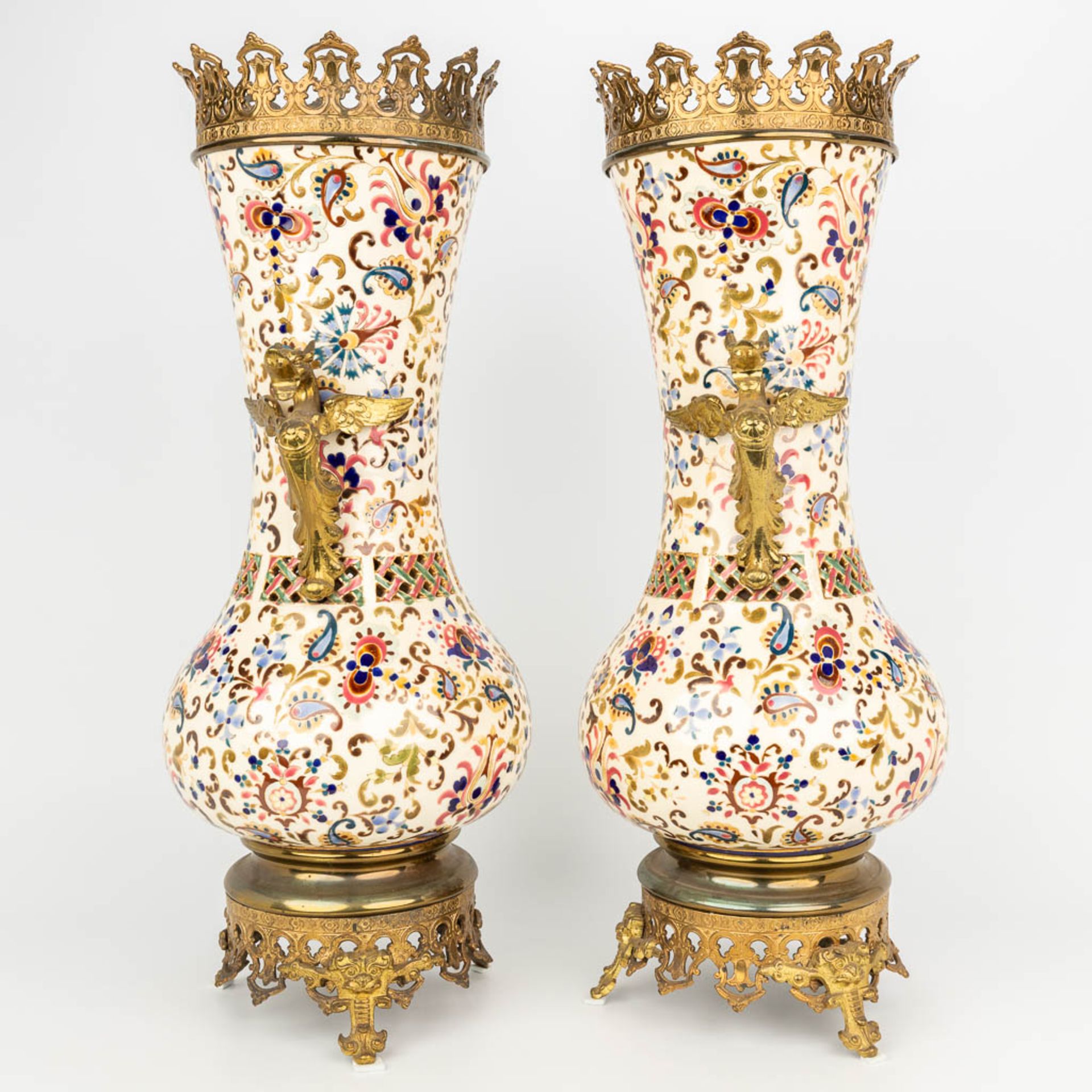 A pair of bronze mounted faience vases marked J. Fischer Budapest, Hungary. (H:54cm) - Image 9 of 12