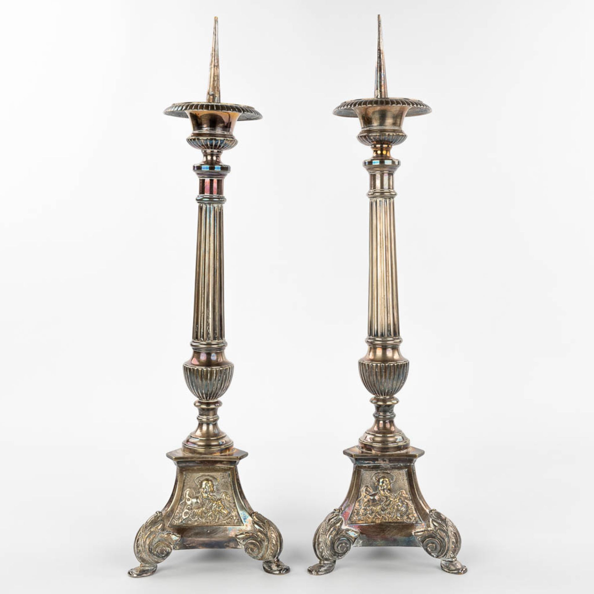 A pair of silver-plated candlesticks decorated with images of holy figurines. (H:59cm) - Image 3 of 11