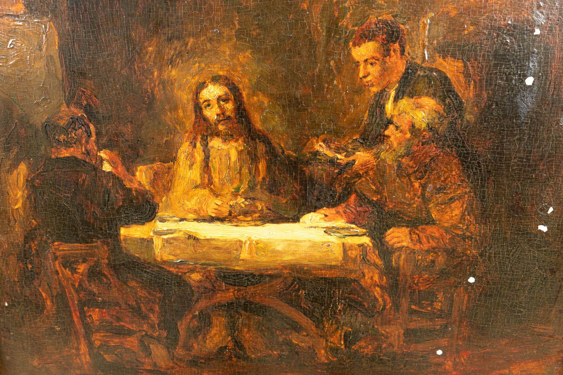 No signature found, 'The Supper at Emmaus' a painting, oil on panel. After Rembrandt Van Rijn - Image 4 of 6
