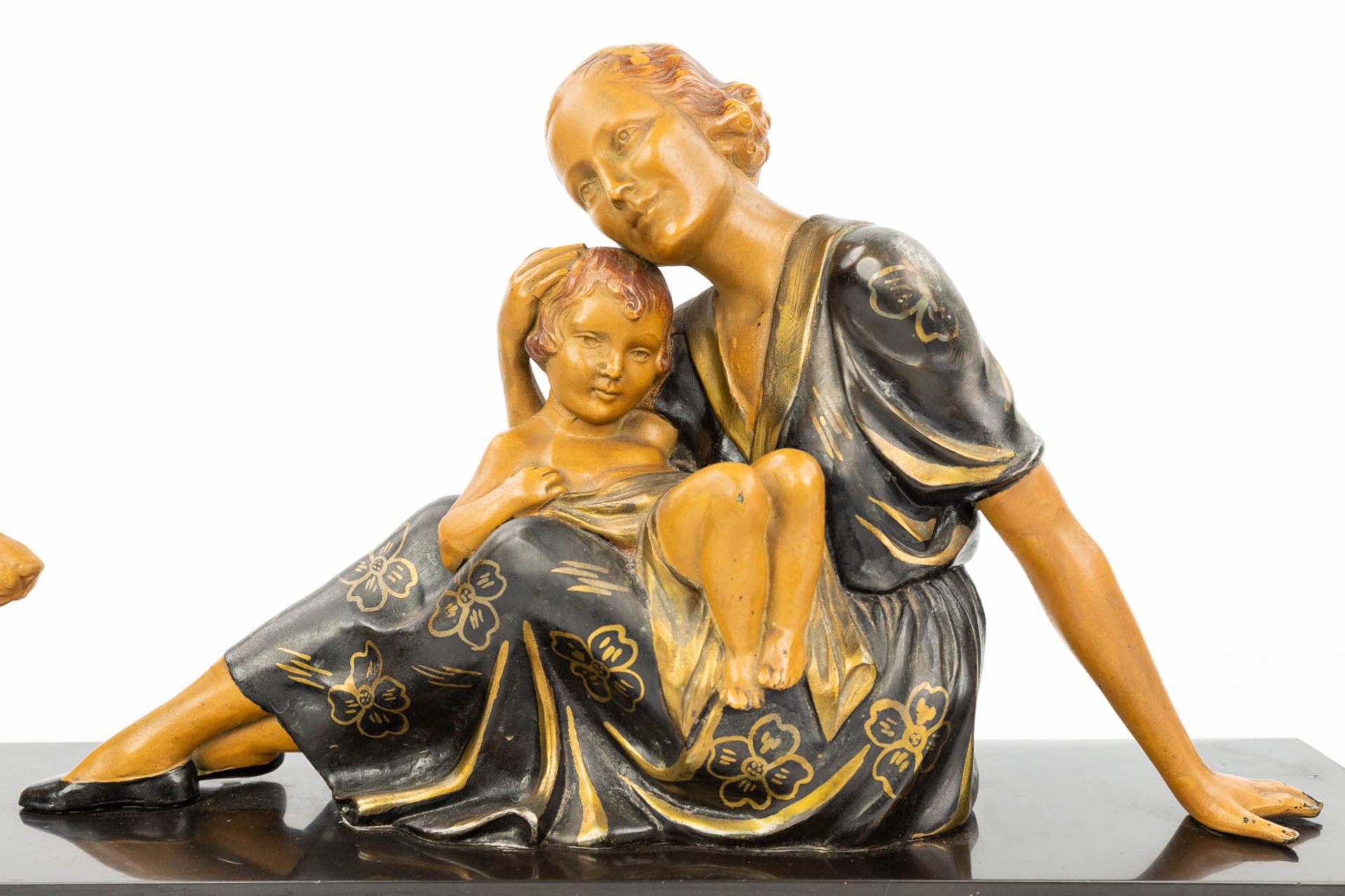 An art deco style statue of a woman with child and her dog, made of spelter and mounted on a marble - Image 8 of 12