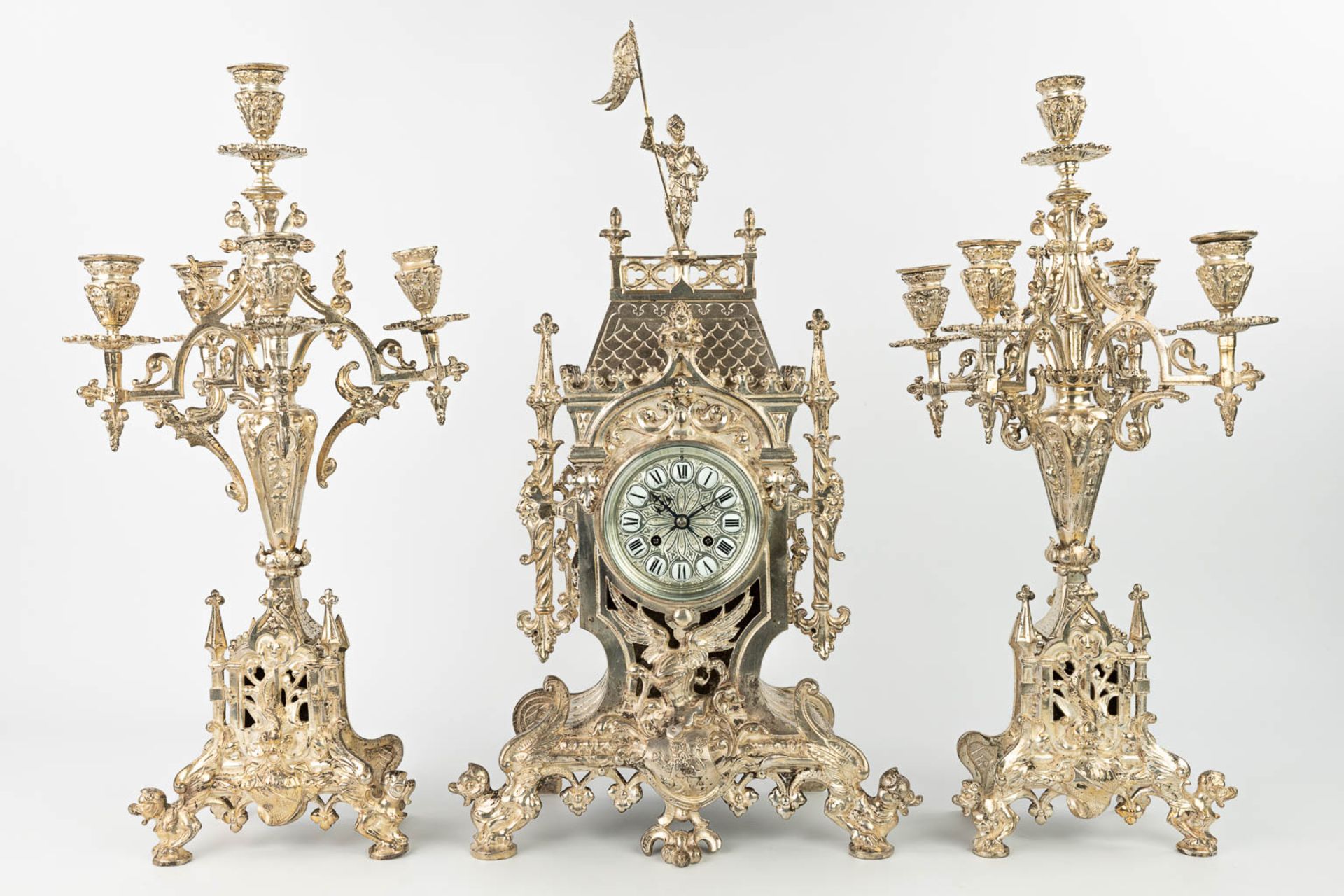 A three-piece garniture clock with candelabra, made of silver-plated bronze in gothic revival style. - Image 7 of 18