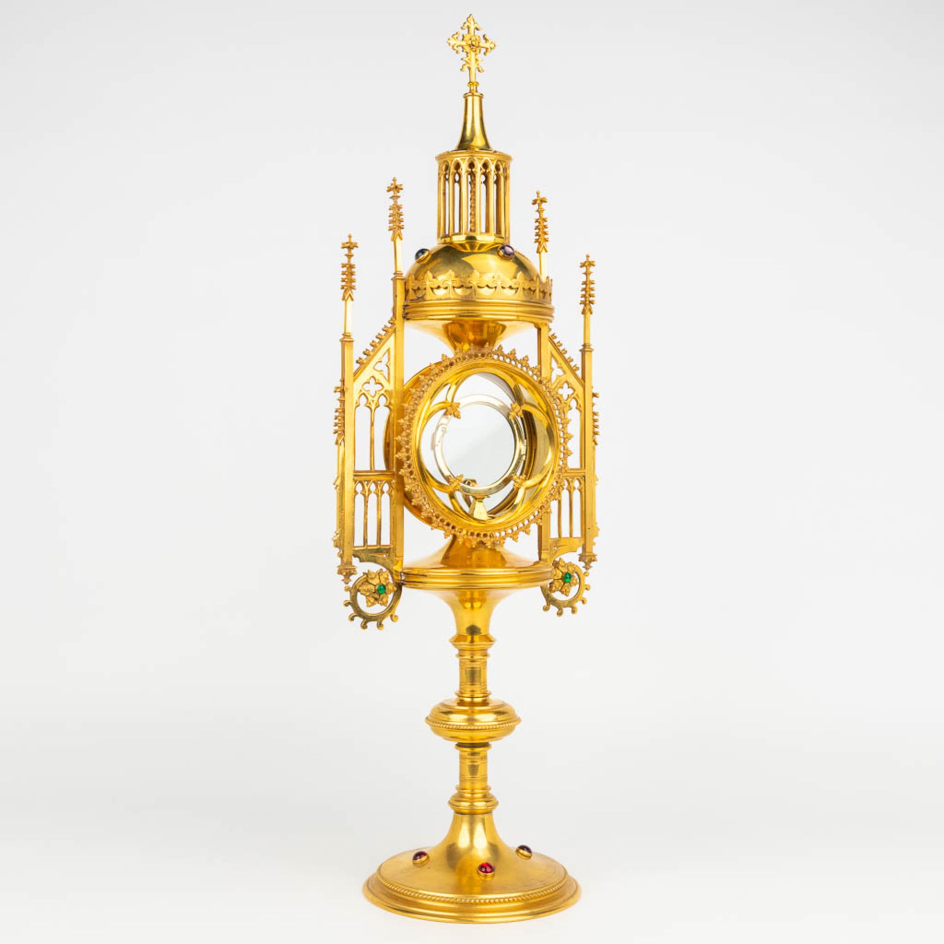 An antique tower monstrance, gothic revival and decorated with cabochons. (H:54,5cm) - Bild 5 aus 14