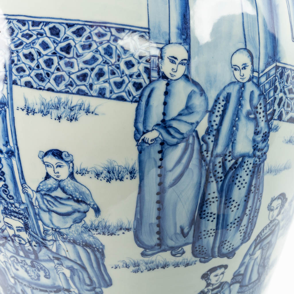 A pair of large Chinese vases with lid, made of blue-white porcelain with the emperor, dragons and w - Image 5 of 15