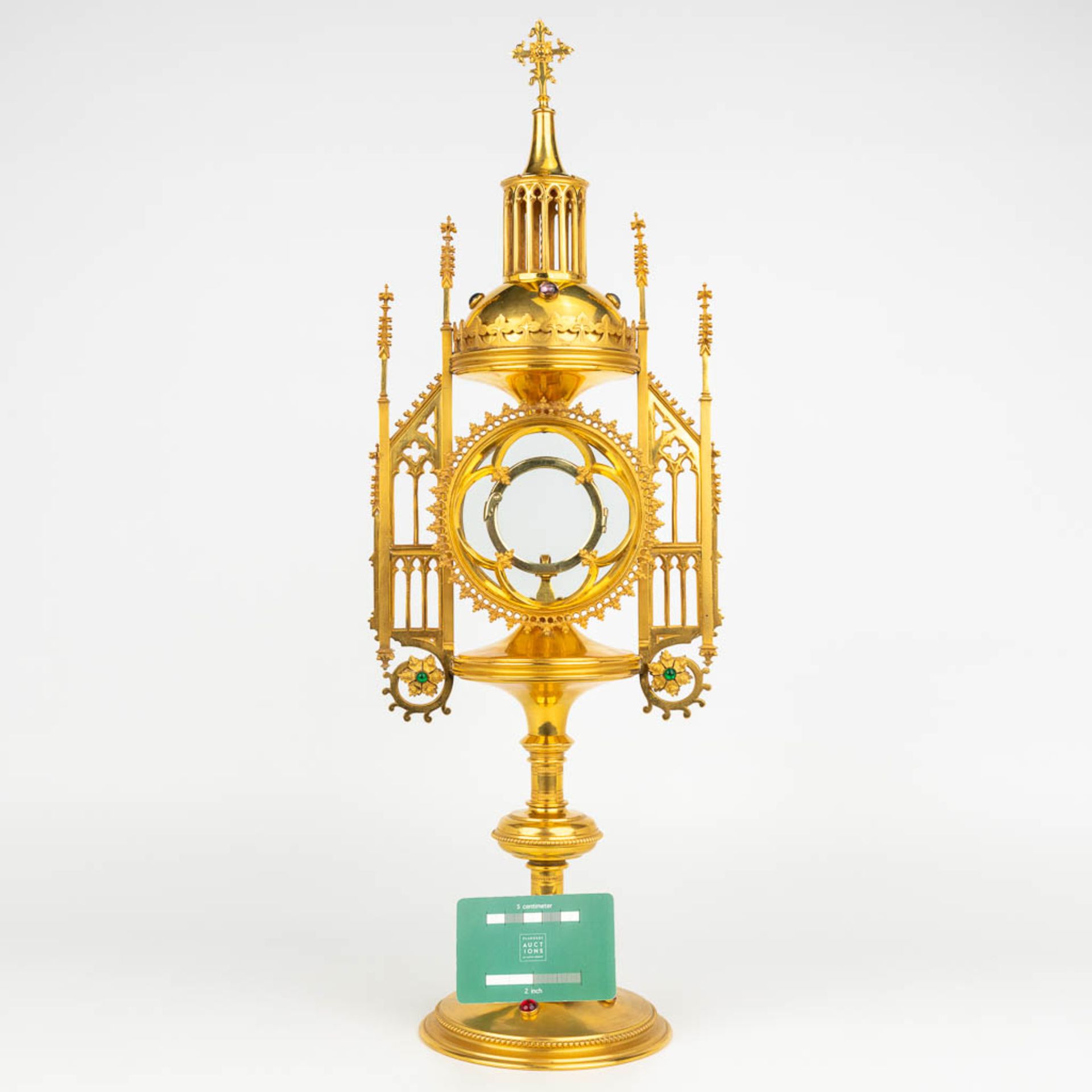 An antique tower monstrance, gothic revival and decorated with cabochons. (H:54,5cm) - Bild 8 aus 14