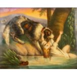 A hand-painted porcelain plaque 'The Lifesaver' of a Saint Bernard dog rescuing a child, framed. (14