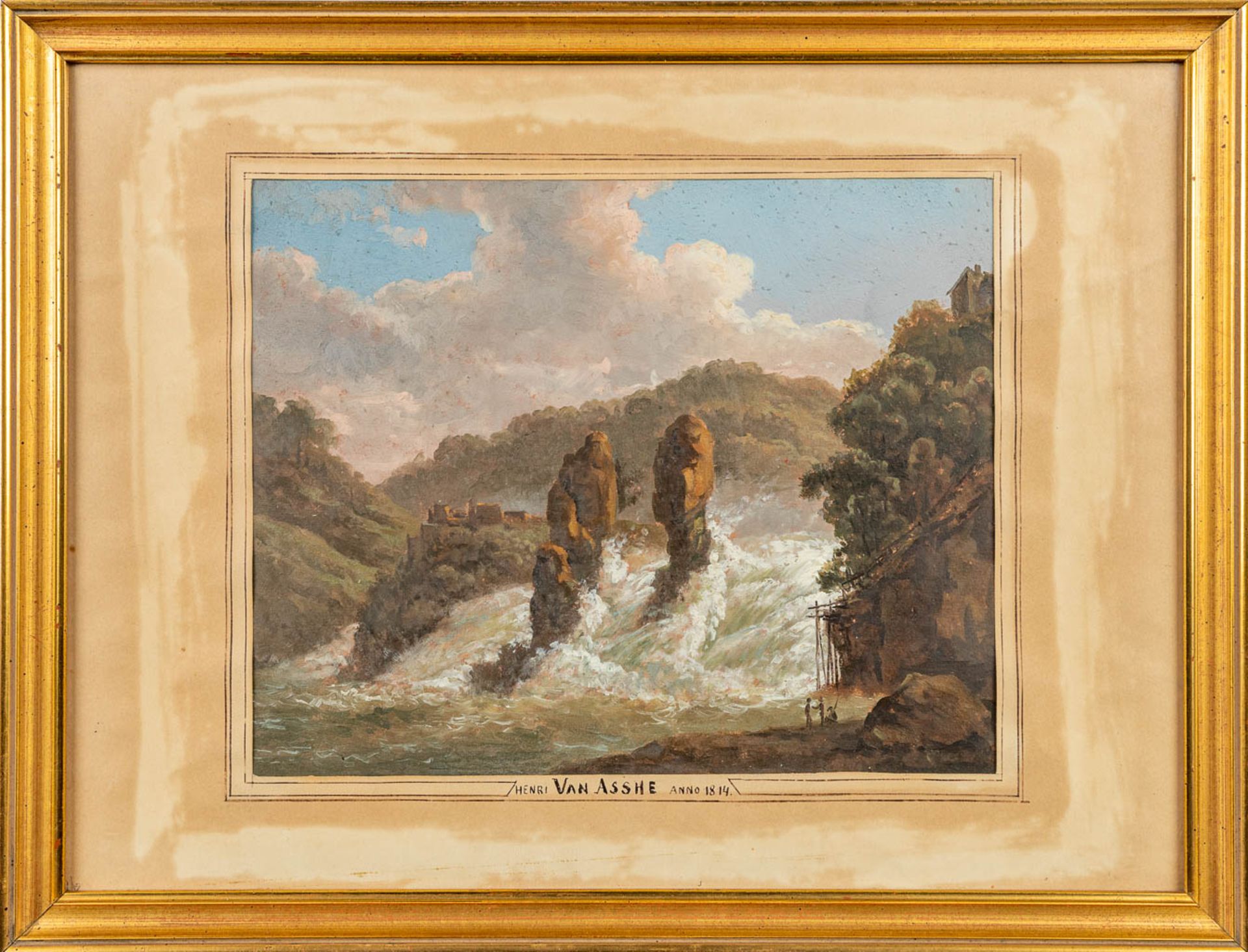 Henri VAN ASSCHE (1774-1841) 'The Waterfall' a painting, oil on paper. (26 x 20 cm) - Image 7 of 7