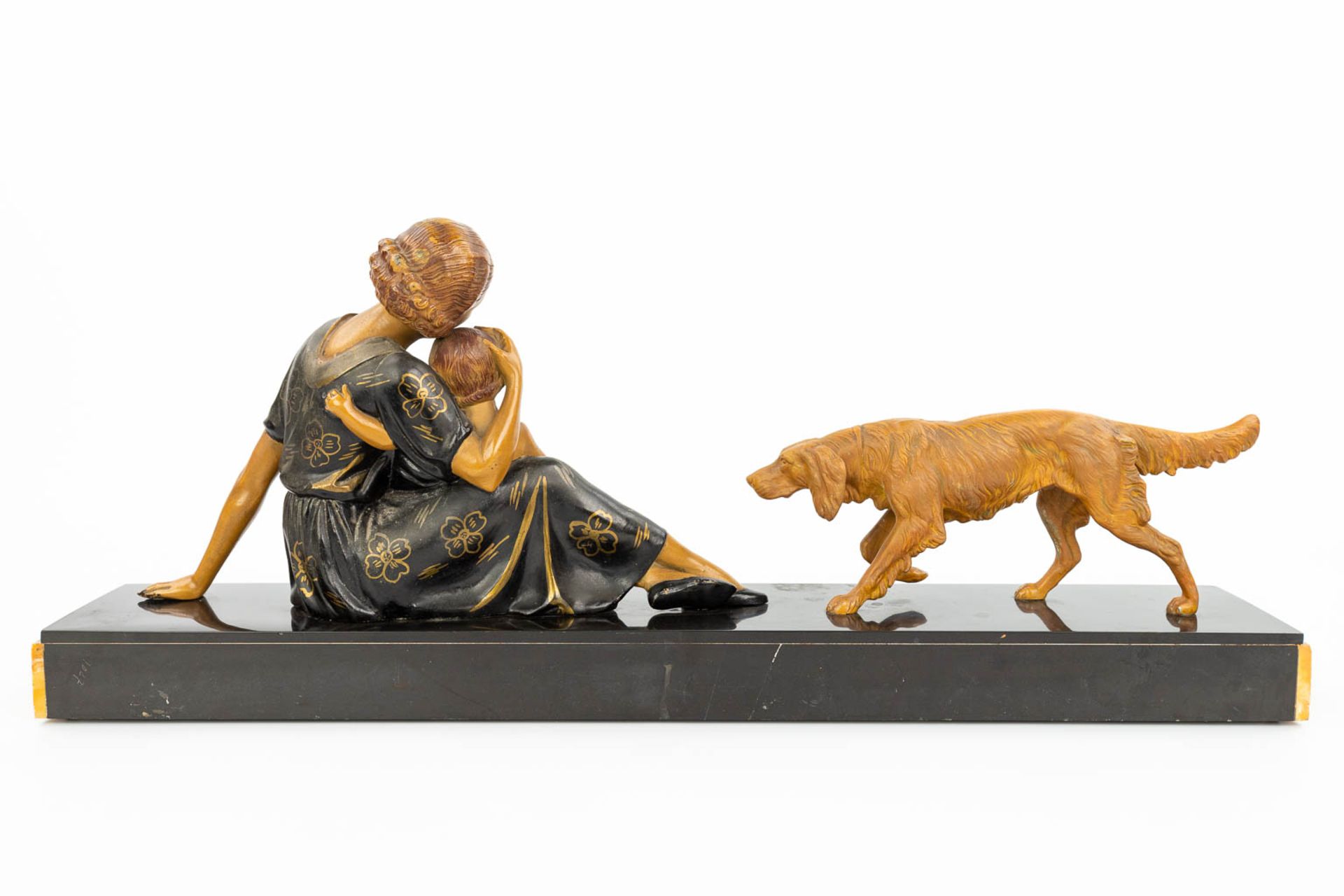 An art deco style statue of a woman with child and her dog, made of spelter and mounted on a marble - Image 9 of 12