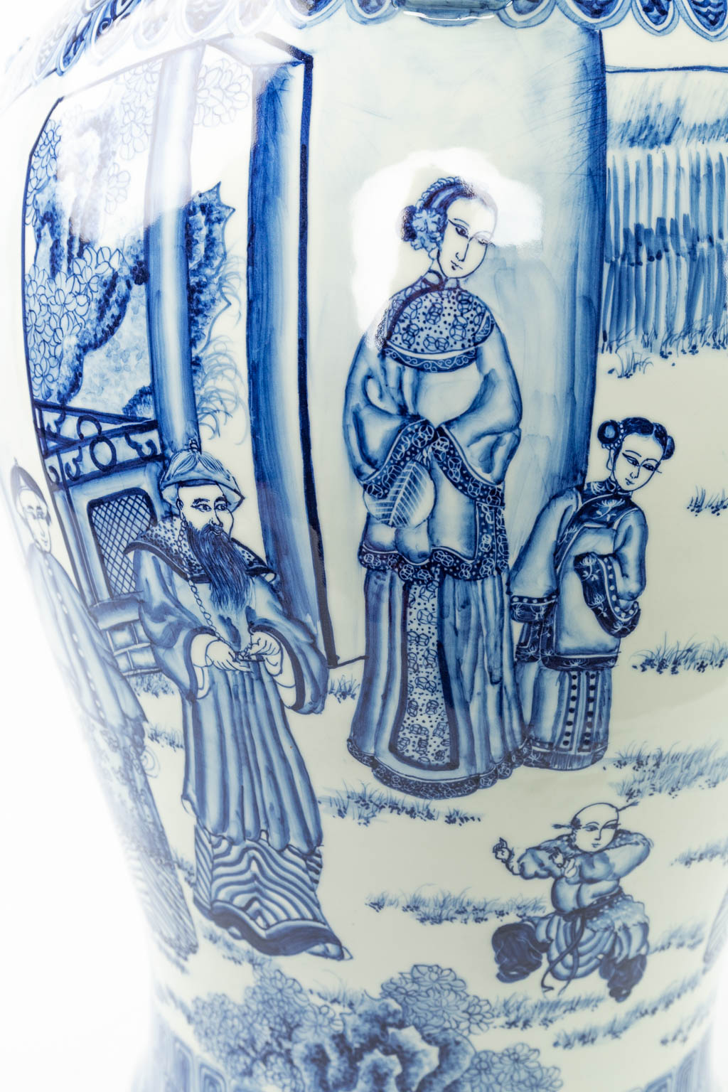 A pair of large Chinese vases with lid, made of blue-white porcelain with the emperor, dragons and w - Image 10 of 15