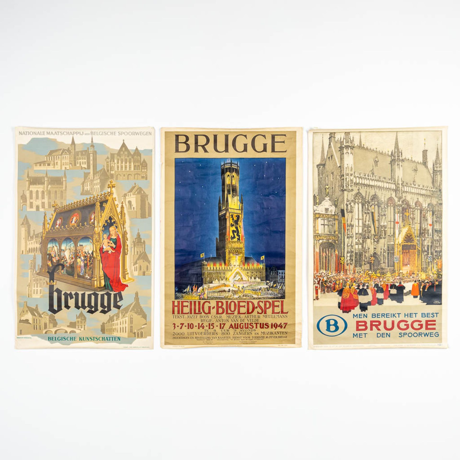 A collection of 3 vintage postersÊ'Brugge' - 'Brugge Heilig Bloed Spel' 'Men bereikt het best Brugge