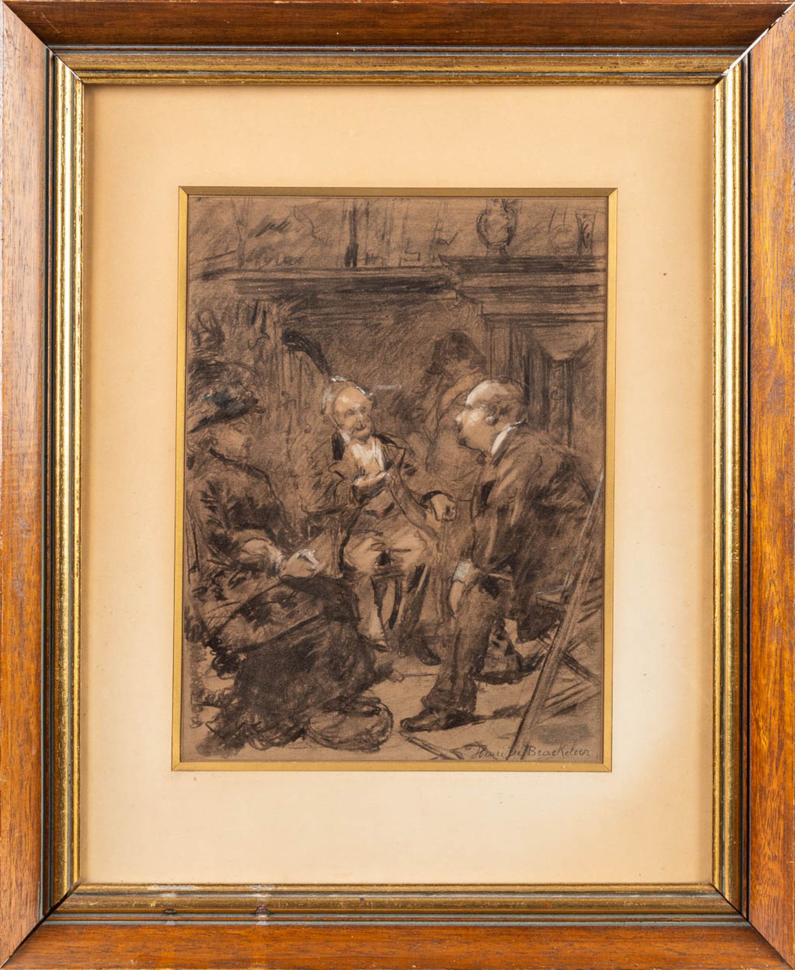 Henri DE BRAEKELEER (1840-1888) 'The conversation', a drawing on paper. (26 x 35cm) - Image 4 of 6