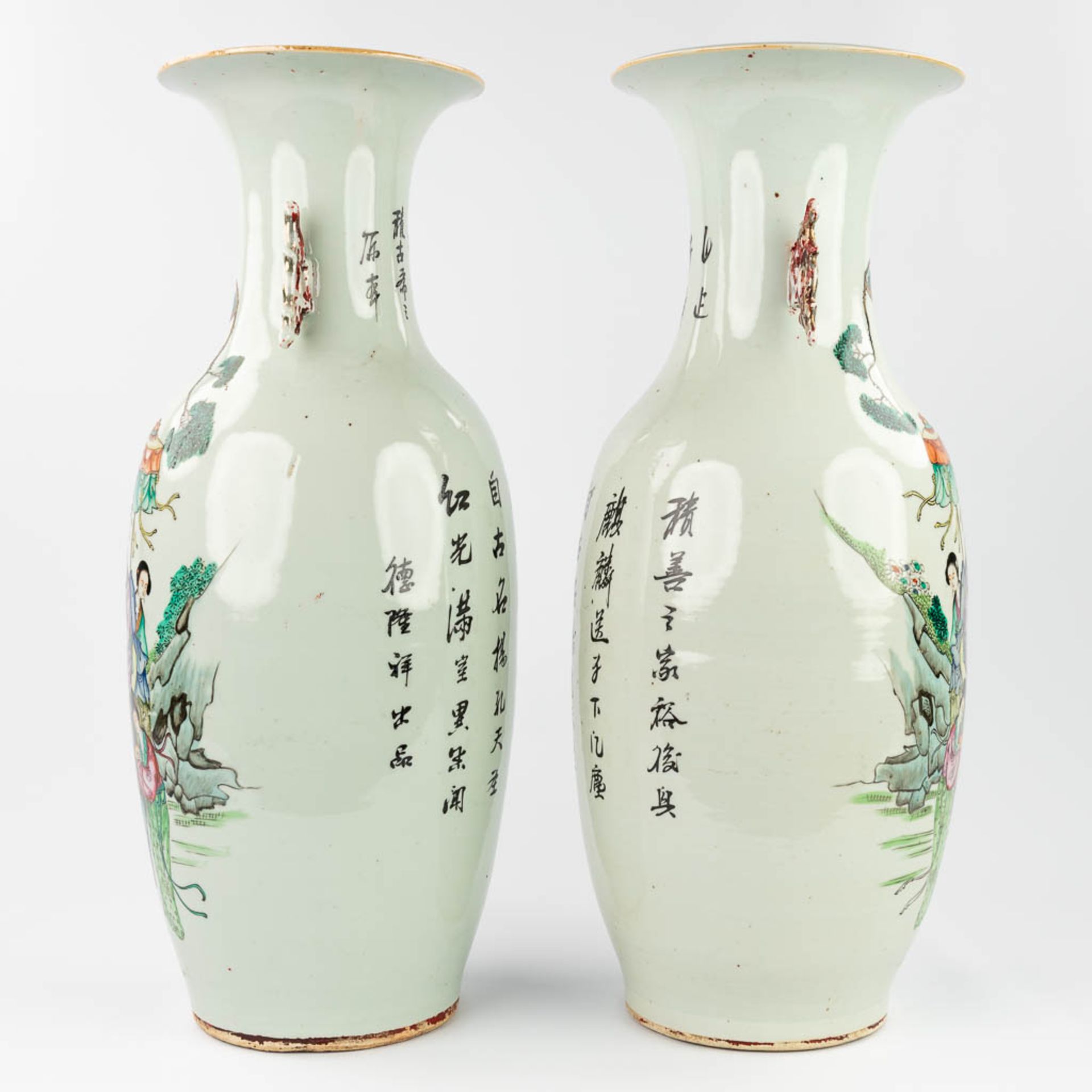 A pair of Chinese vases made of porcelain and decorated with mythological figurines. (58 x 22 cm) - Image 9 of 13