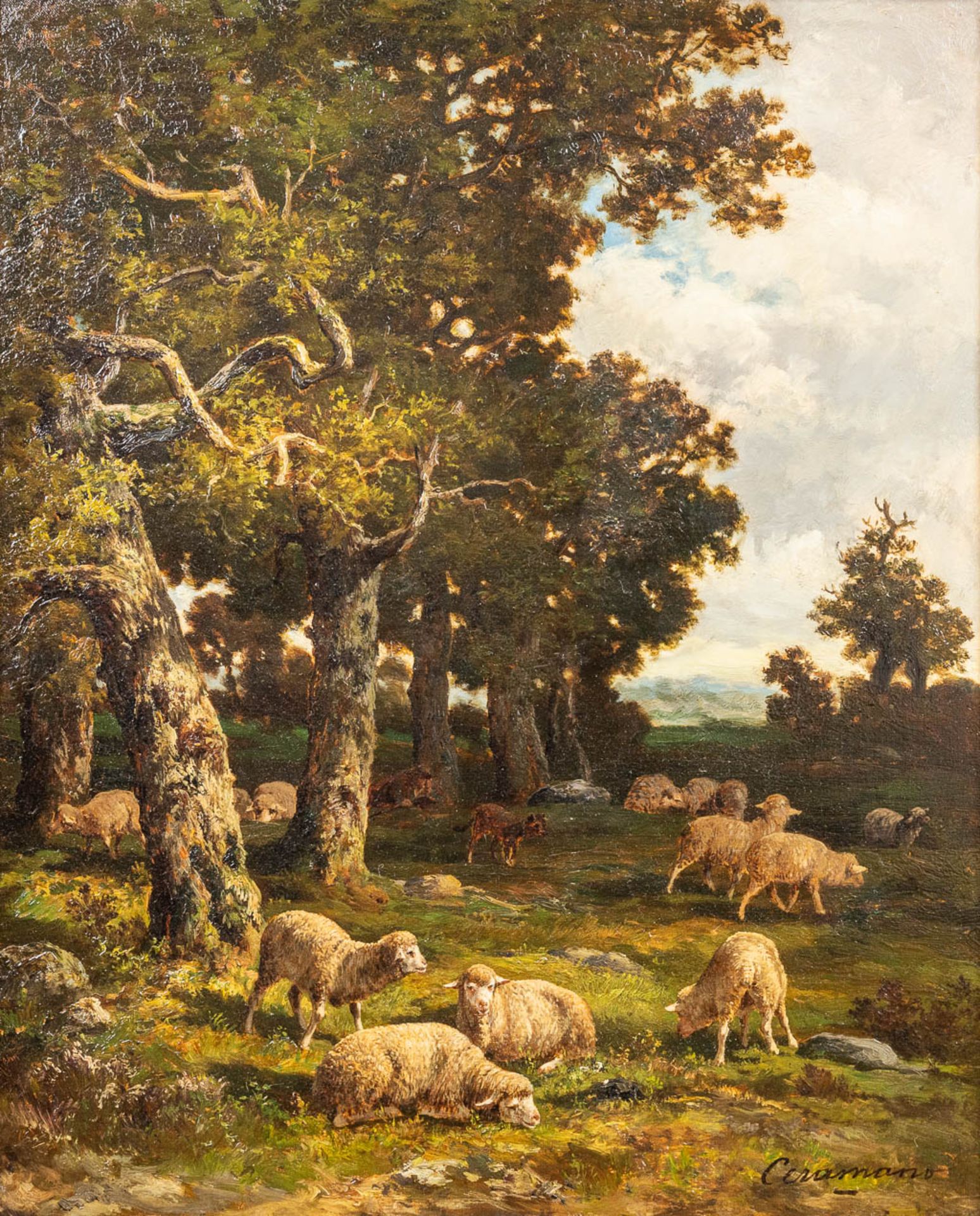 Charles Ferdinand CERAMANO (1829/31-1909) 'Sheep in the Barbizonbos' oil on canvas. (60 x 74cm)