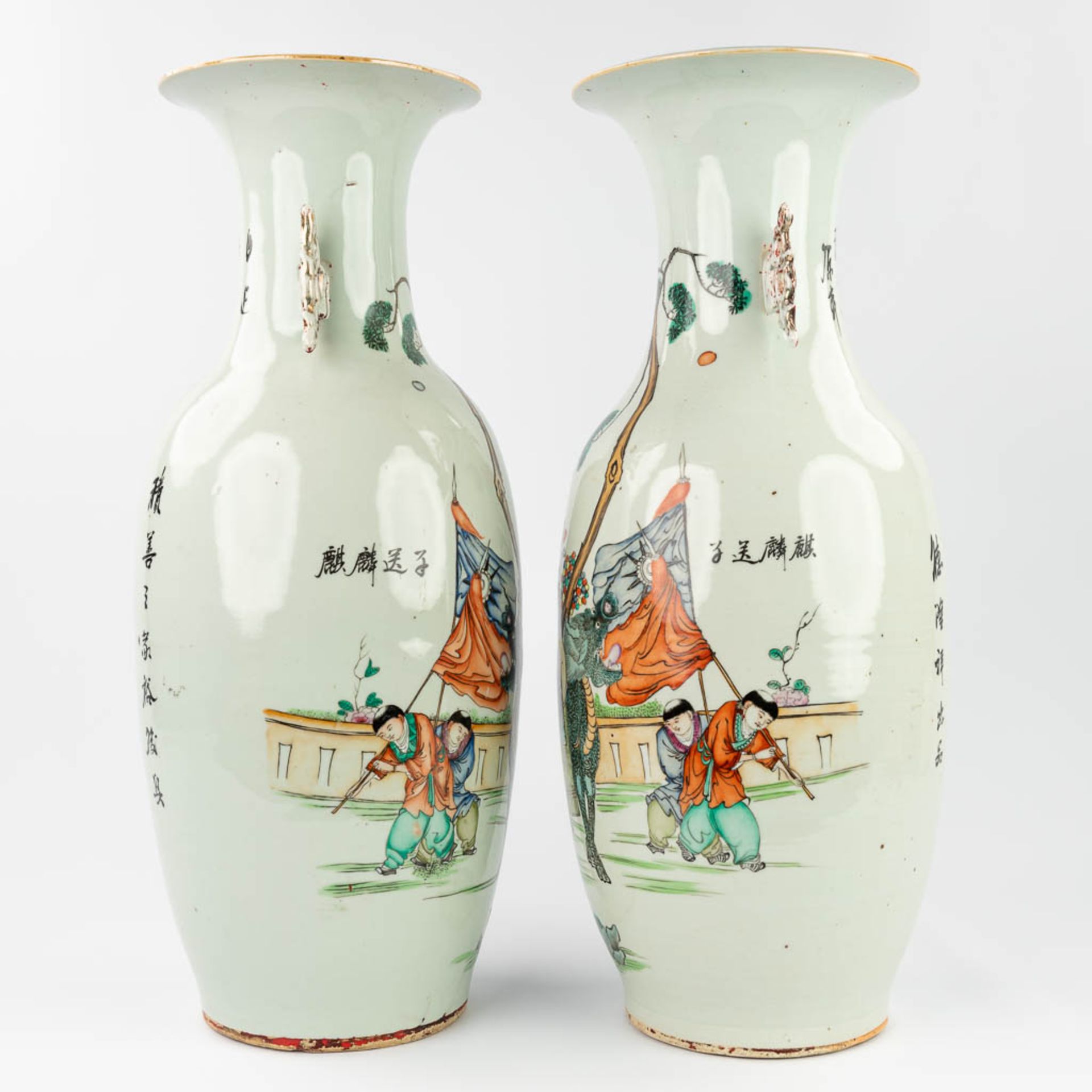 A pair of Chinese vases made of porcelain and decorated with mythological figurines. (58 x 22 cm) - Image 10 of 13