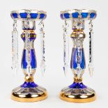 A pair of Czech candlesticks 'Lusters', blue and gold glass, made in Bohemia. (28 x 12cm)