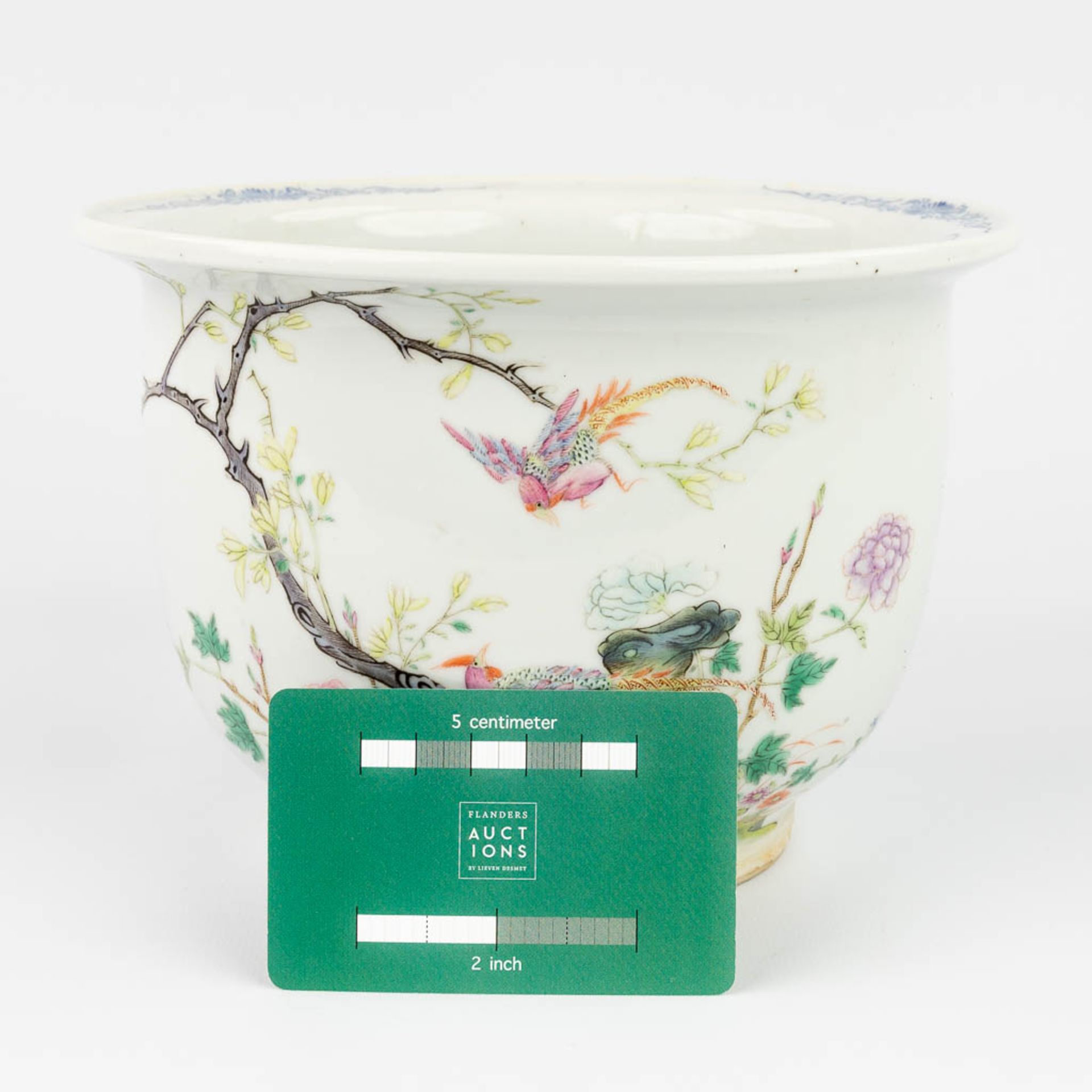 A Chinese Cache-pot flower pot made of porcelain, with a hand-painted decor of birds and flowers. (1 - Bild 12 aus 13