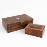 A collection of 2 writing boxes, decorated with veneer and copper inlay. Circa 1900-1920 (24,5 x 40