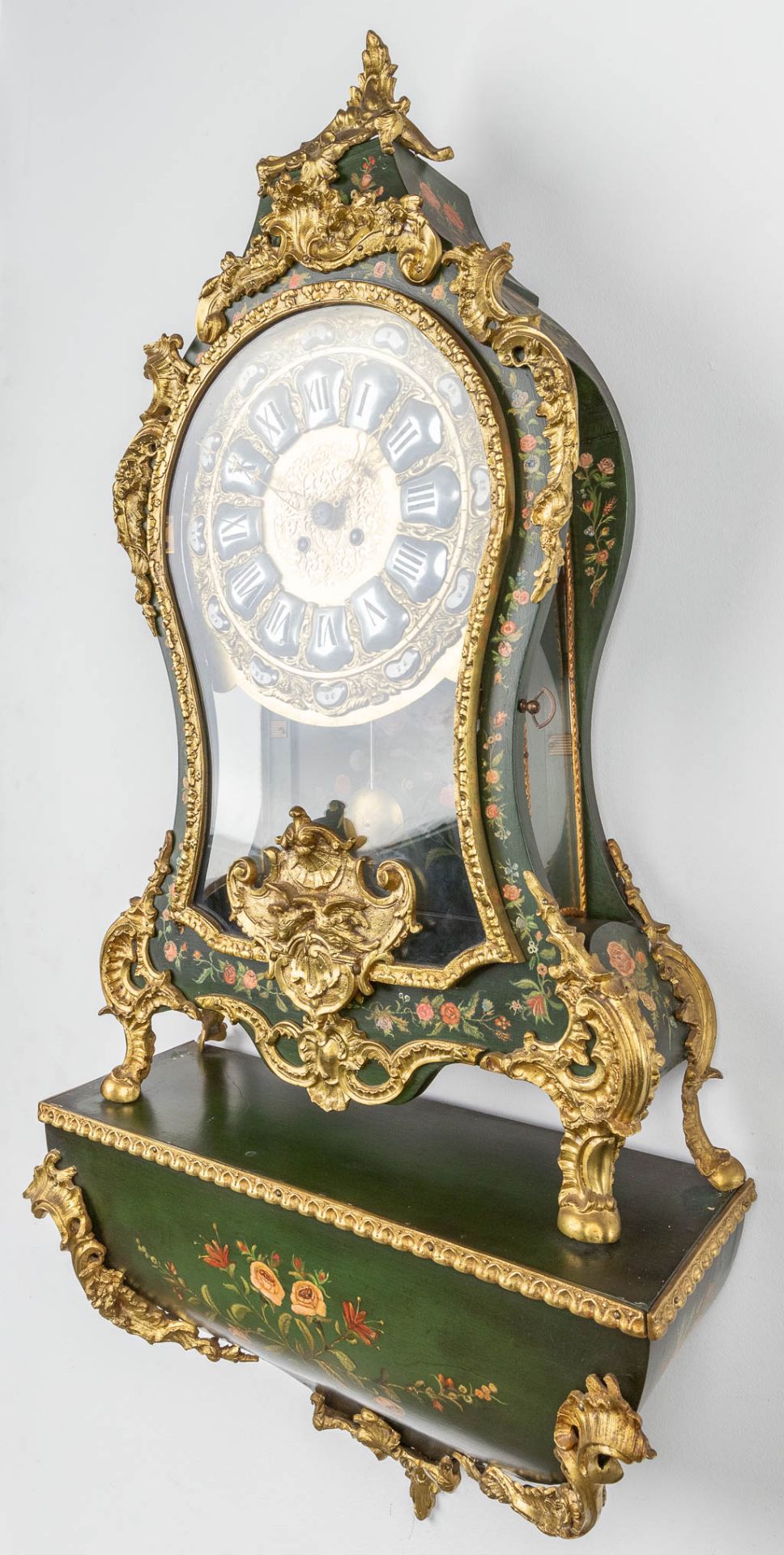 A Cartel clock with console with hand-painted flower decor. (52 x 115cm) - Image 14 of 16