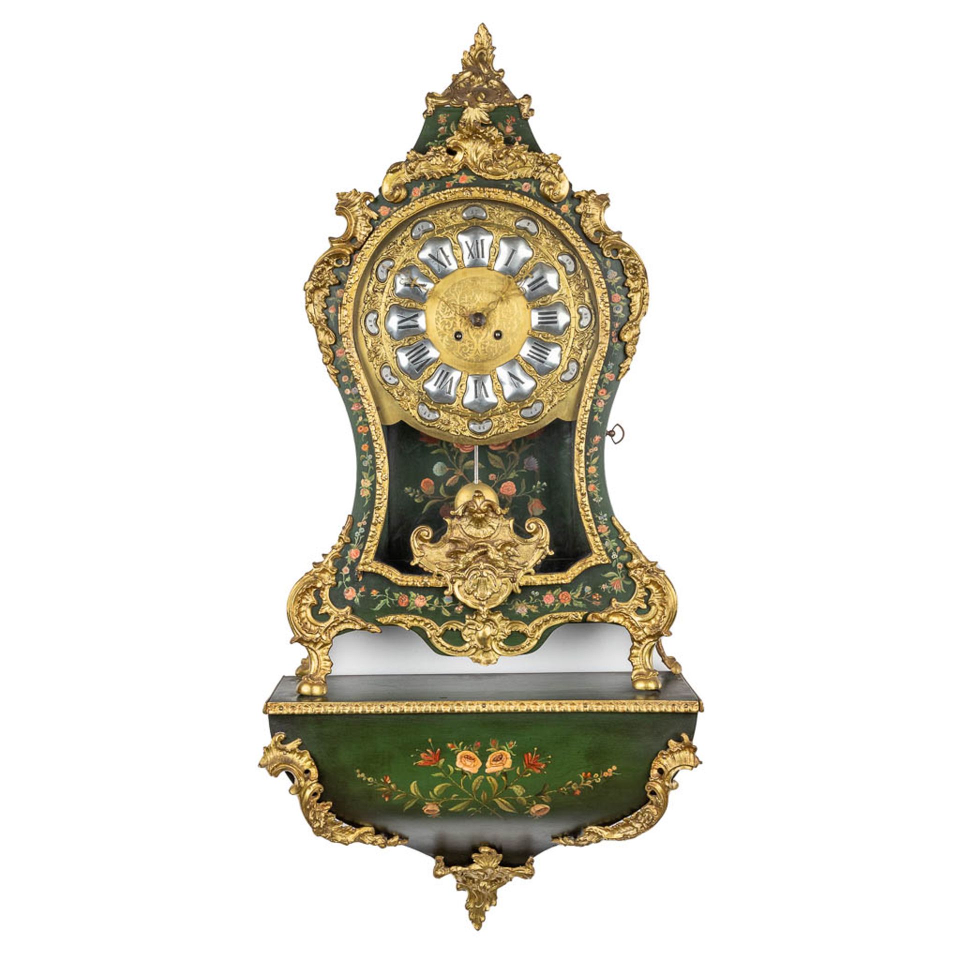 A Cartel clock with console with hand-painted flower decor. (52 x 115cm)