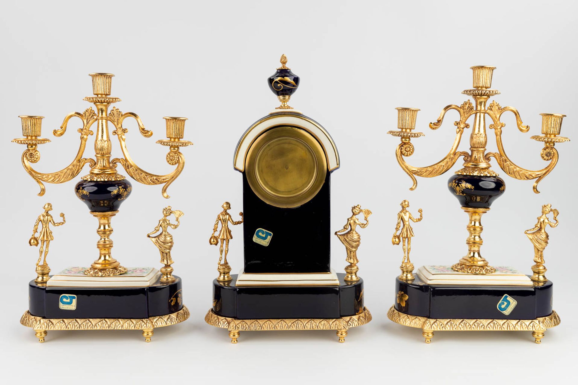 Limoges, a three-piece mantle garniture clock and candelabra, Campostrini e trallori (12 x 23 x 40cm - Image 13 of 17