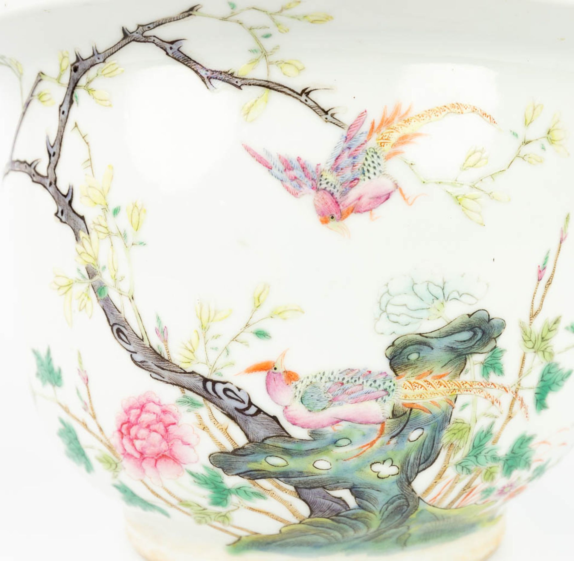 A Chinese Cache-pot flower pot made of porcelain, with a hand-painted decor of birds and flowers. (1 - Bild 10 aus 13