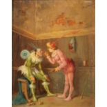 'Two Jesters doing make-up', antique painting oil on panel. No signature found. 19th C. (24,5 x 30cm
