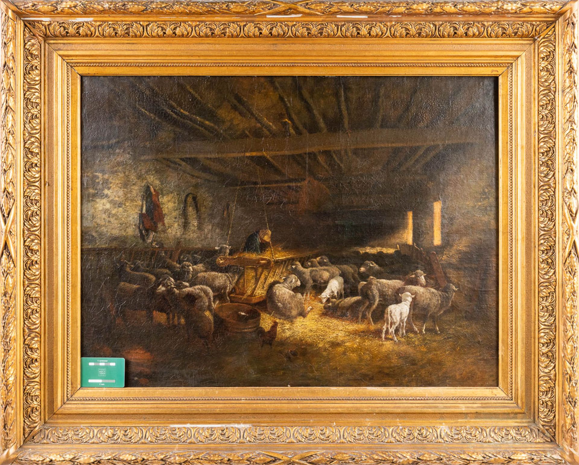 Cornelis VAN LEEMPUTTEN (1841-1902) 'Sheep in the barn' oil on canvas. (83 x 61cm) - Image 4 of 8
