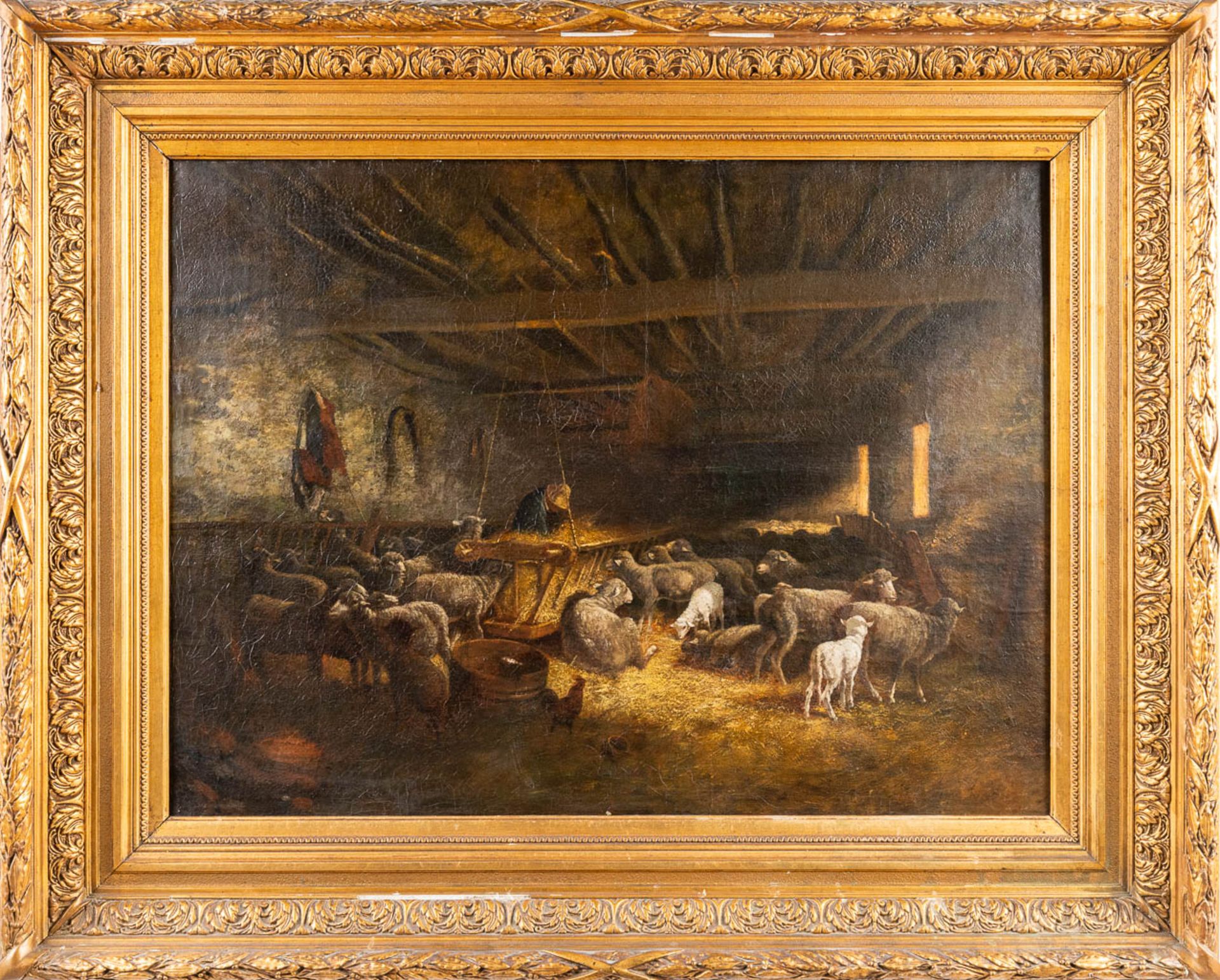 Cornelis VAN LEEMPUTTEN (1841-1902) 'Sheep in the barn' oil on canvas. (83 x 61cm) - Image 6 of 8