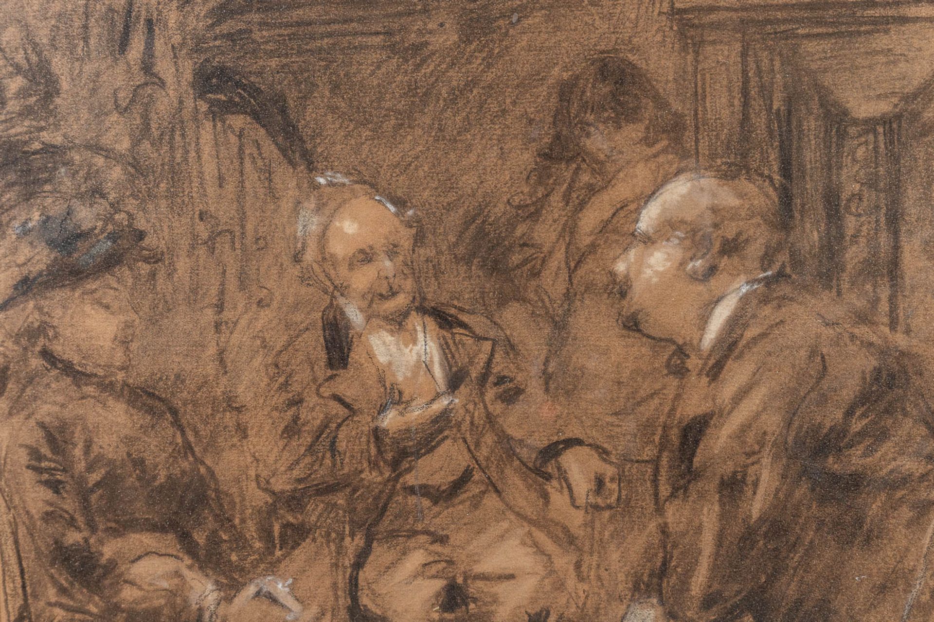 Henri DE BRAEKELEER (1840-1888) 'The conversation', a drawing on paper. (26 x 35cm) - Image 6 of 6