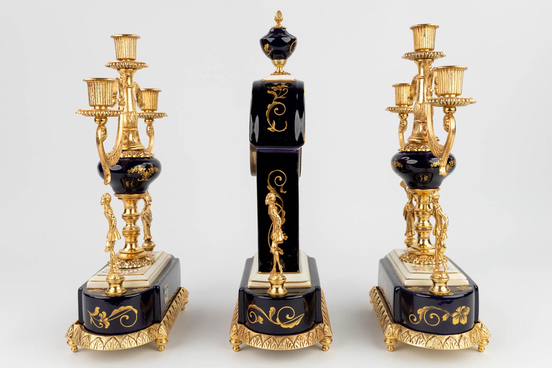 Limoges, a three-piece mantle garniture clock and candelabra, Campostrini e trallori (12 x 23 x 40cm - Image 8 of 17