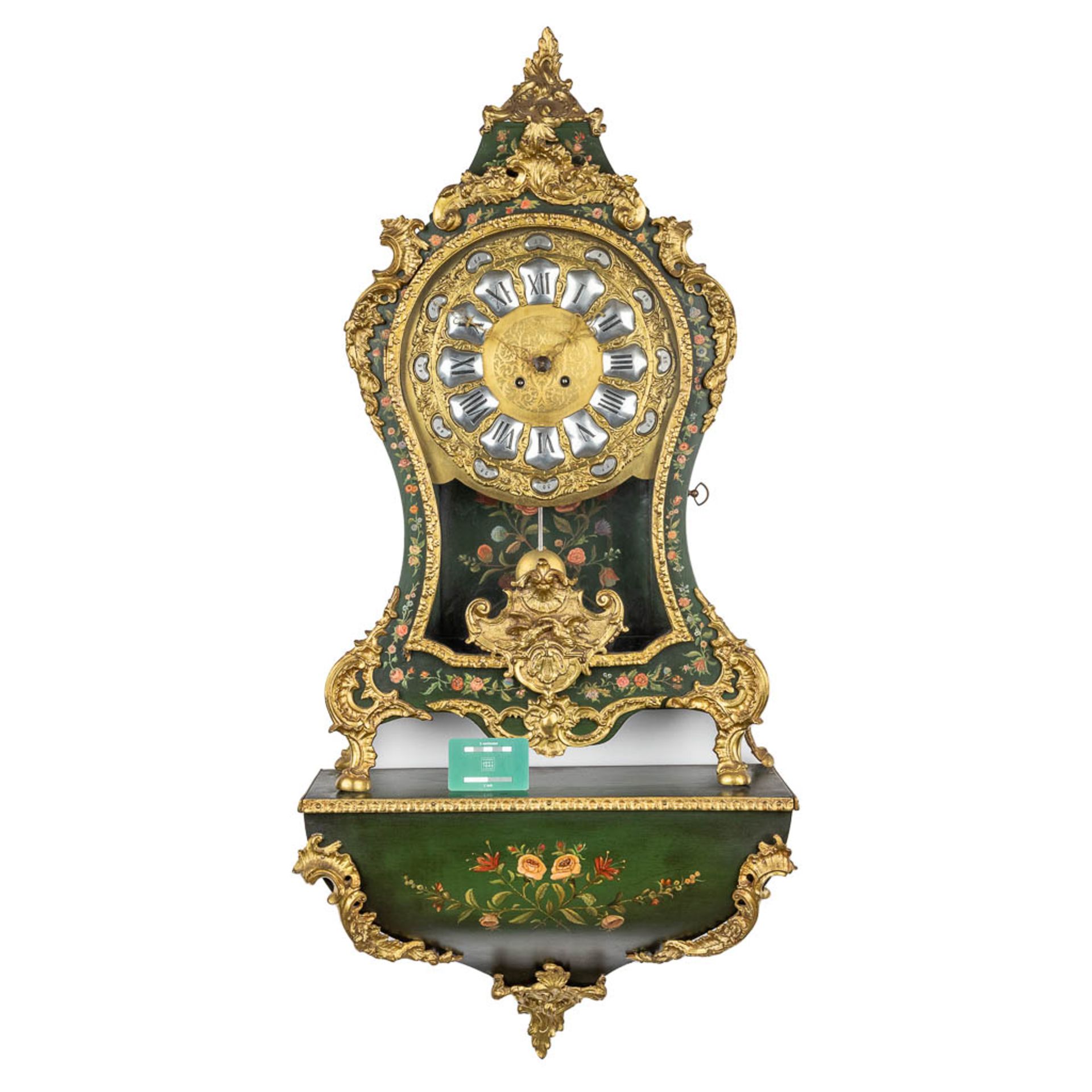 A Cartel clock with console with hand-painted flower decor. (52 x 115cm) - Image 2 of 16