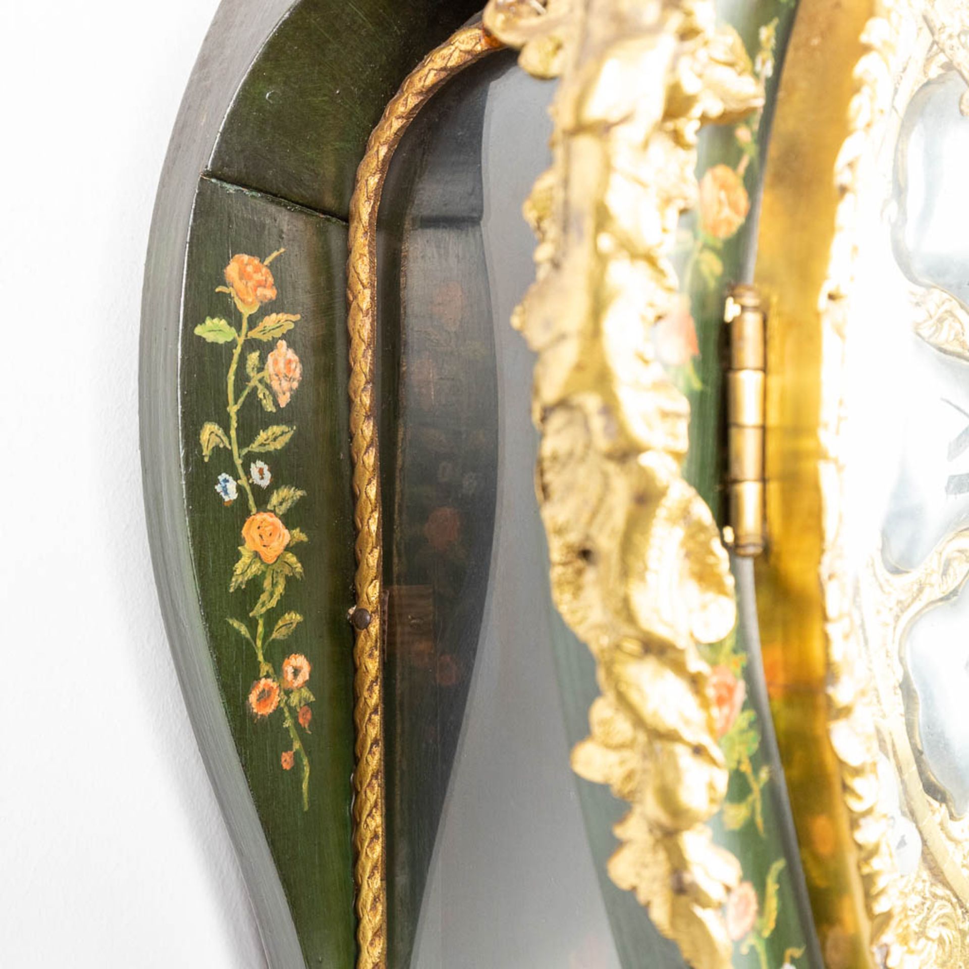 A Cartel clock with console with hand-painted flower decor. (52 x 115cm) - Image 5 of 16