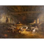 Cornelis VAN LEEMPUTTEN (1841-1902) 'Sheep in the barn' oil on canvas. (83 x 61cm)