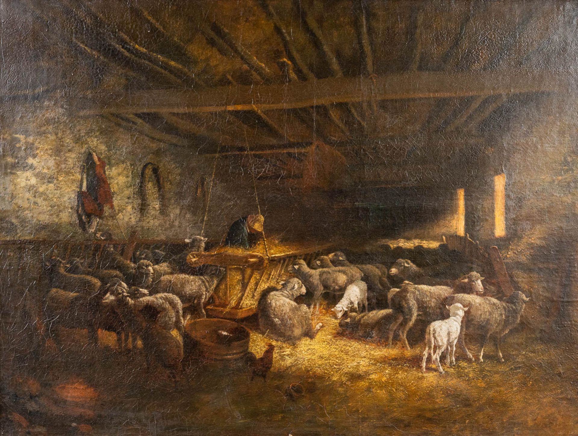 Cornelis VAN LEEMPUTTEN (1841-1902) 'Sheep in the barn' oil on canvas. (83 x 61cm)