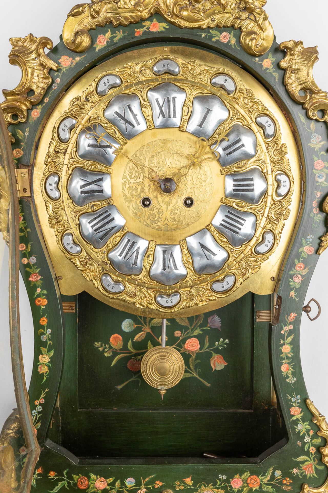 A Cartel clock with console with hand-painted flower decor. (52 x 115cm) - Image 15 of 16