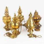 A collection of 5 brass incense burners, gothic revival. (28cm)