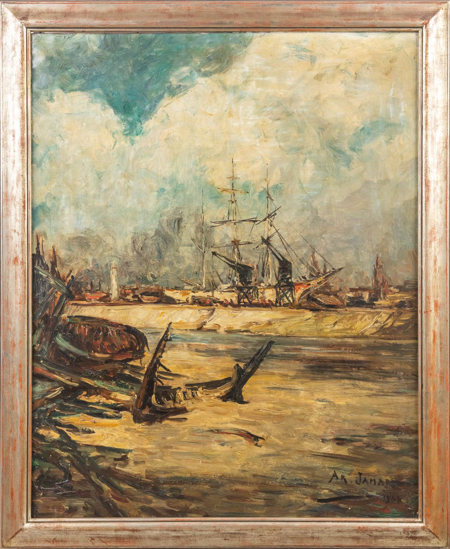 Armand JAMAR (1870-1946) 'Shipyard in London', oil on canvas. (80 x 100cm) - Image 5 of 8
